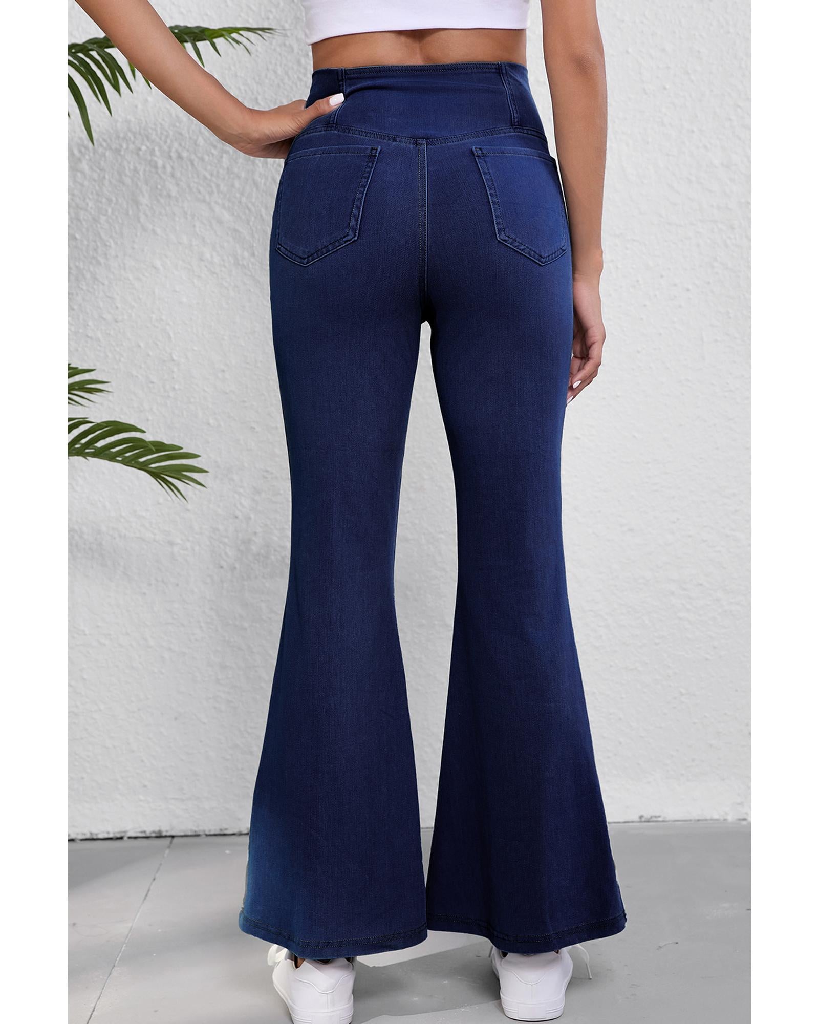 Dusk Blue Solid Crossed Waist High Elastic Fit Flare Knit Jeans - L 3