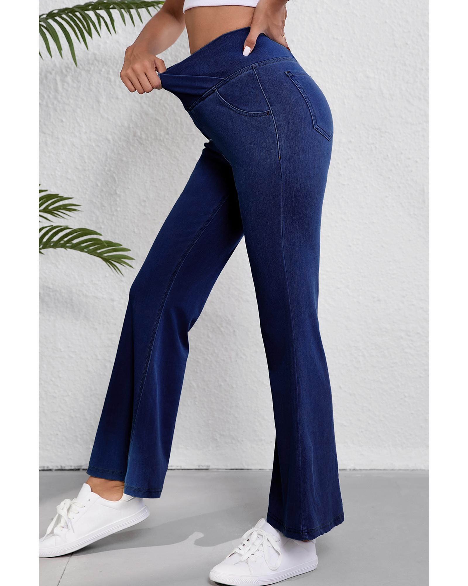 Dusk Blue Solid Crossed Waist High Elastic Fit Flare Knit Jeans - L 5