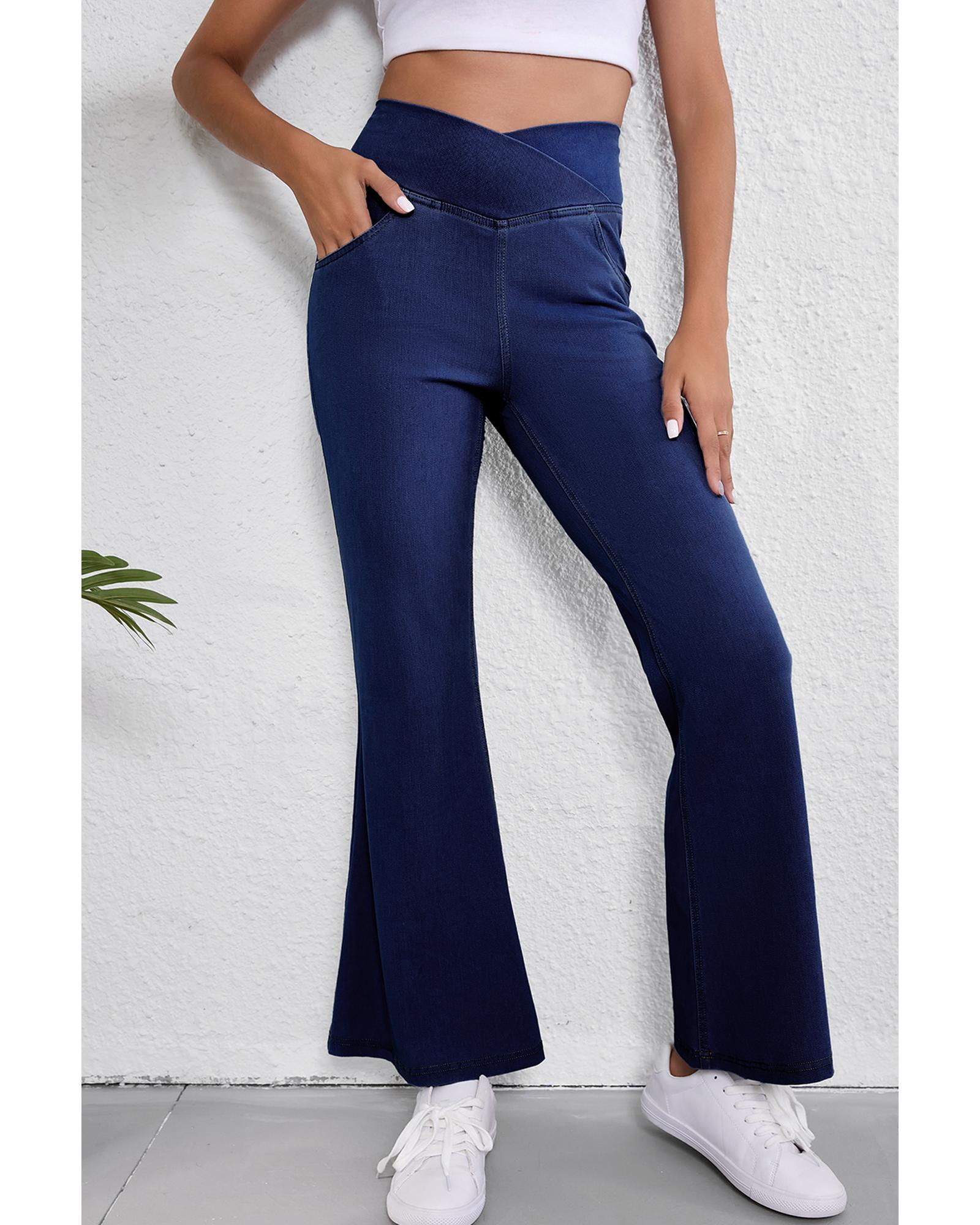 Dusk Blue Solid Crossed Waist High Elastic Fit Flare Knit Jeans - M