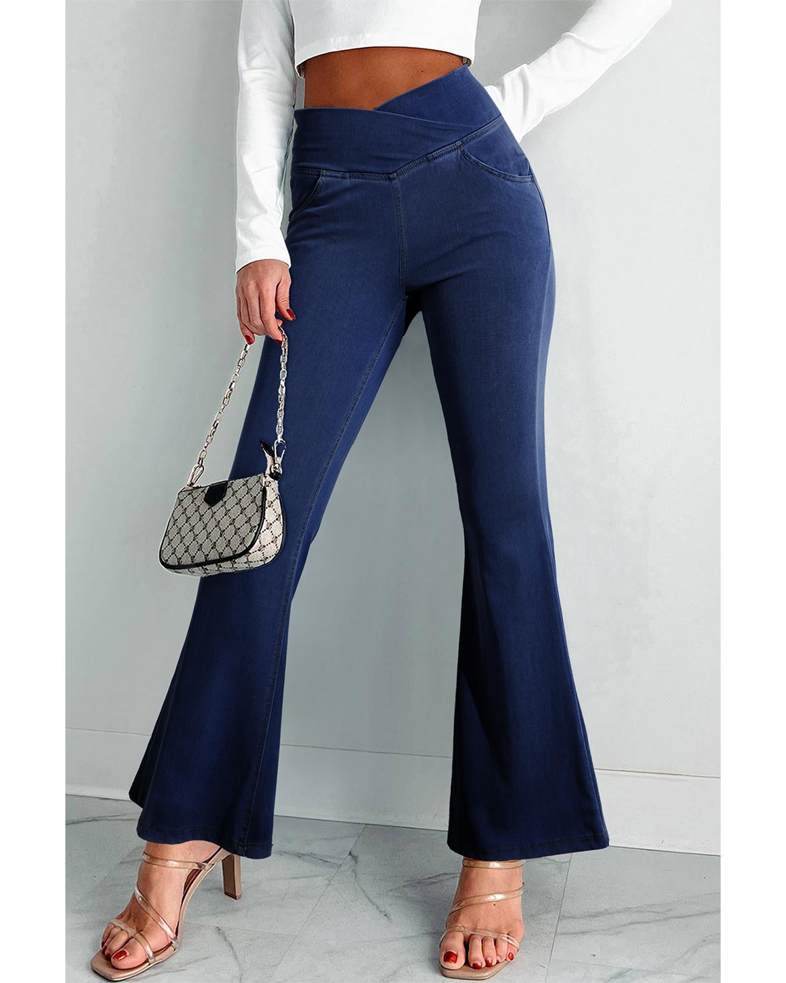 Dusk Blue Solid Crossed Waist High Elastic Fit Flare Knit Jeans - XL 4