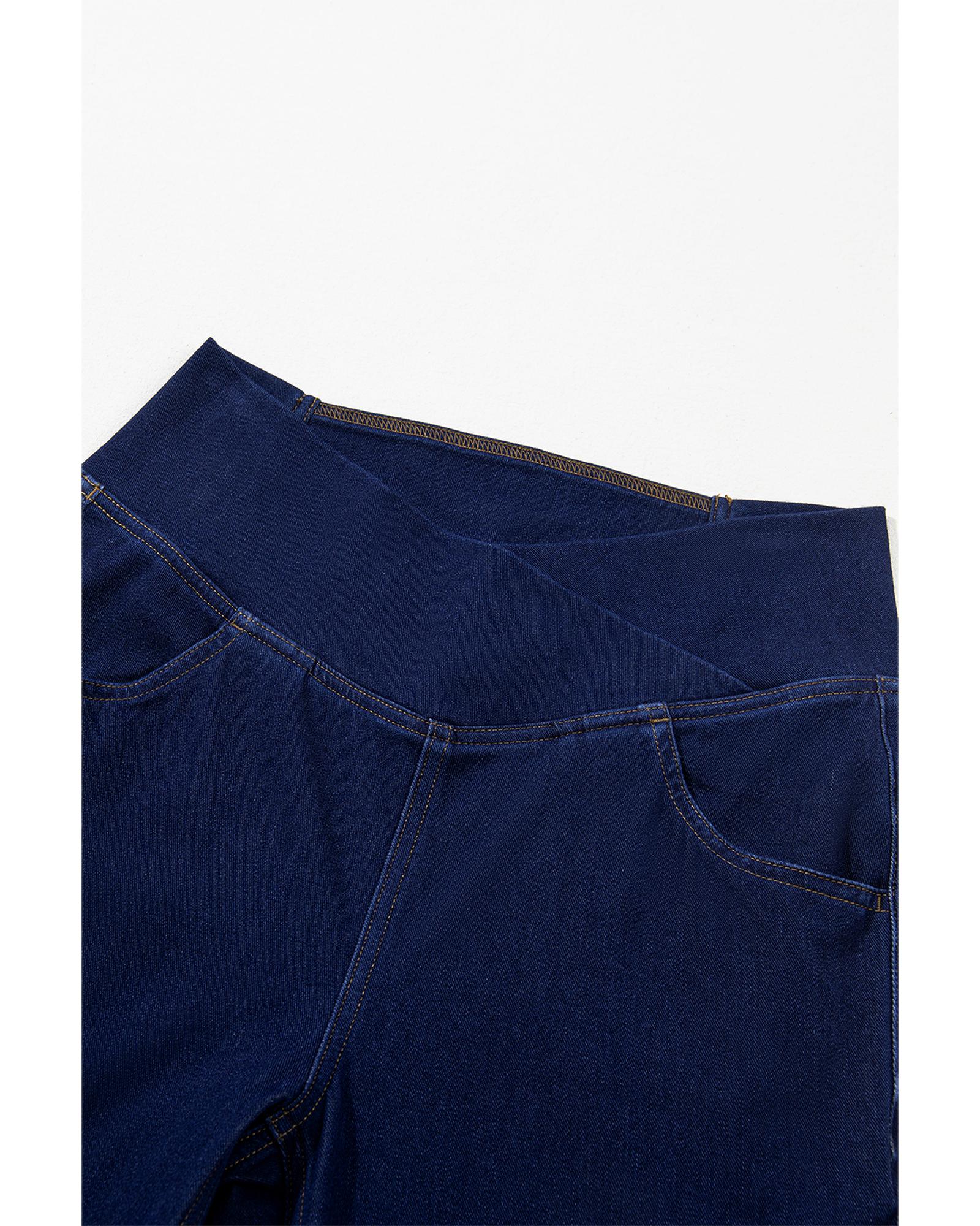 Dusk Blue Solid Crossed Waist High Elastic Fit Flare Knit Jeans - XL 8