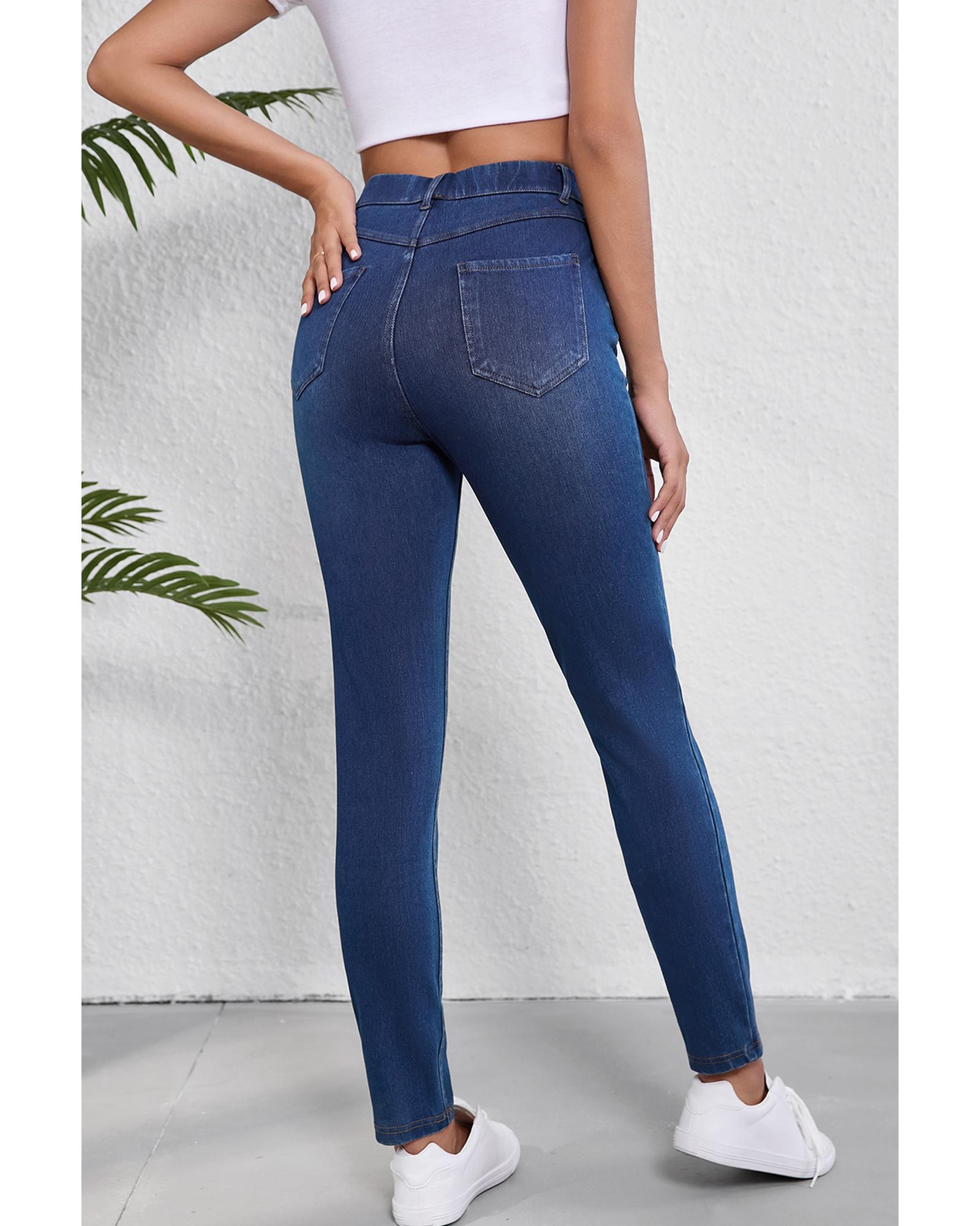 Ashleigh Blue Multiple Pockets Straight Leg Washed Stretchy Knit Casual Jeans - M 3