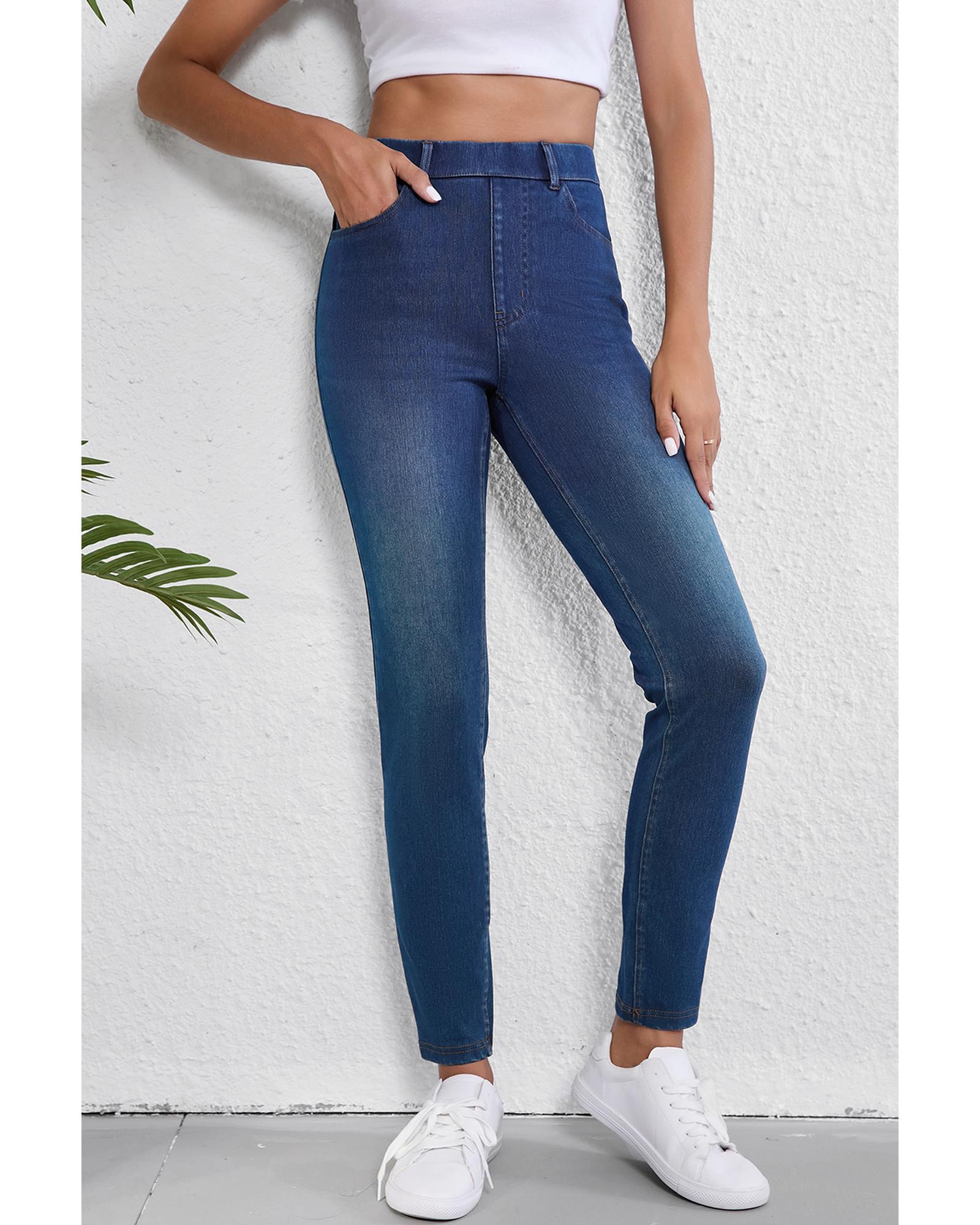 Ashleigh Blue Multiple Pockets Straight Leg Washed Stretchy Knit Casual Jeans - M 4