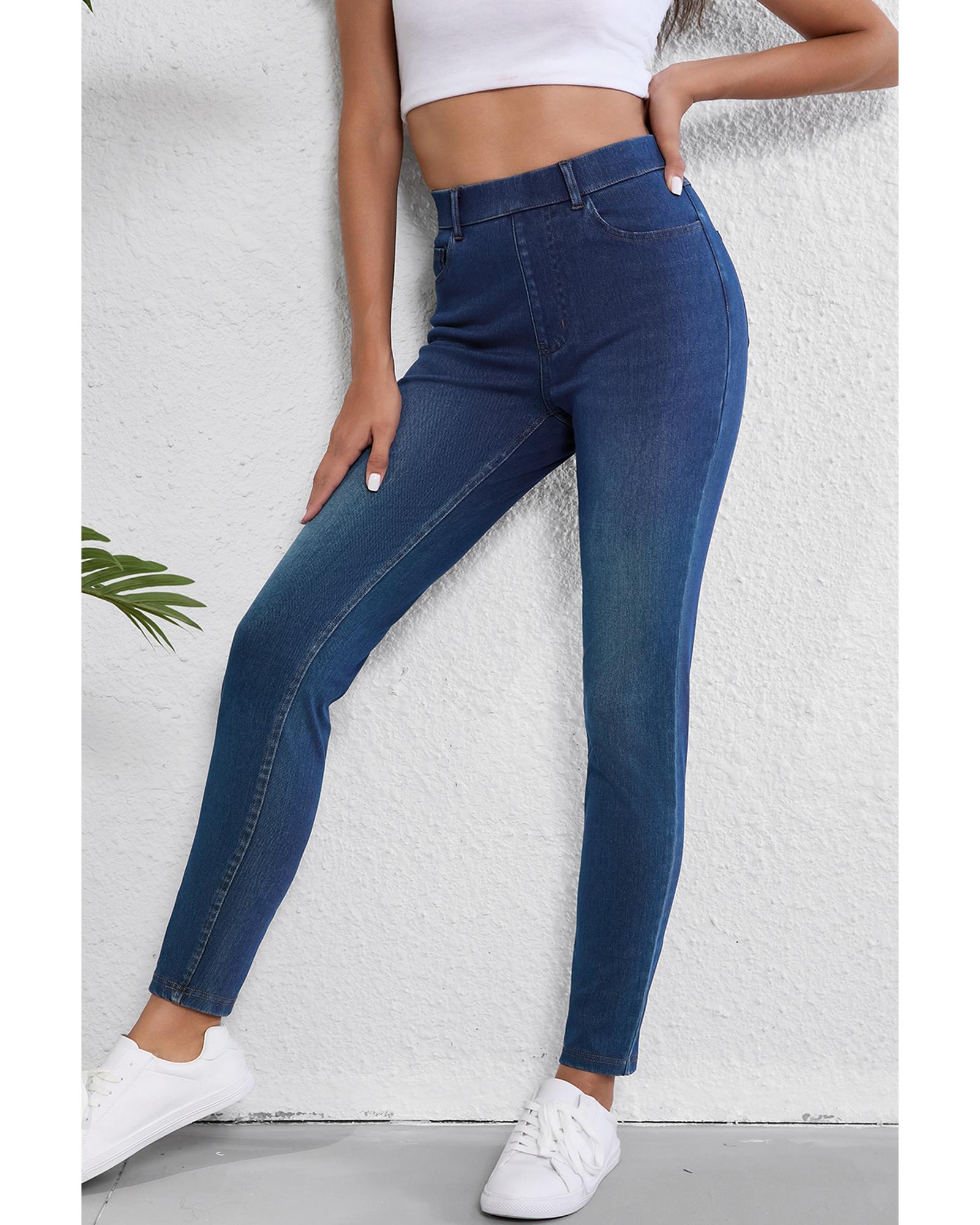 Ashleigh Blue Multiple Pockets Straight Leg Washed Stretchy Knit Casual Jeans - S