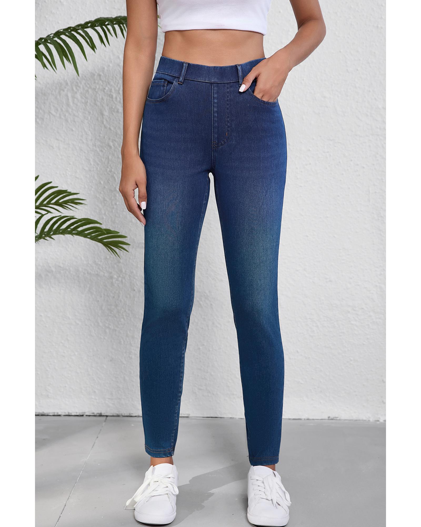 Ashleigh Blue Multiple Pockets Straight Leg Washed Stretchy Knit Casual Jeans - XL 5