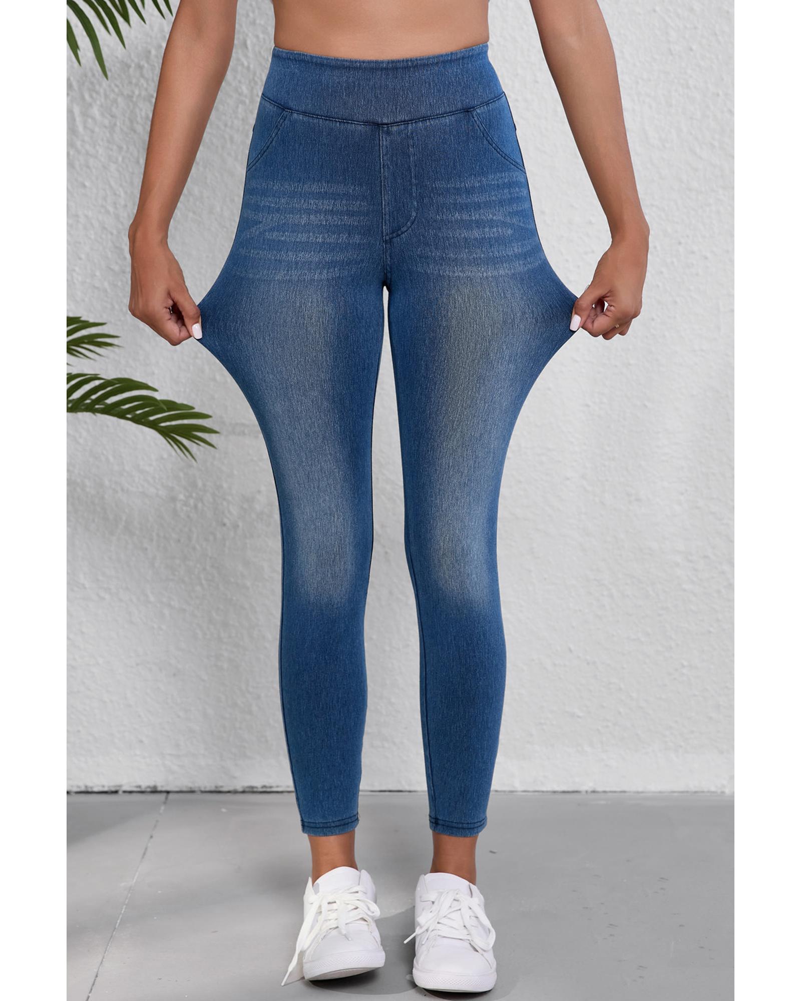 Navy Blue Skinny Elastic Waist Ankle Length Mid Waist Jeggings with Pockets - M 7