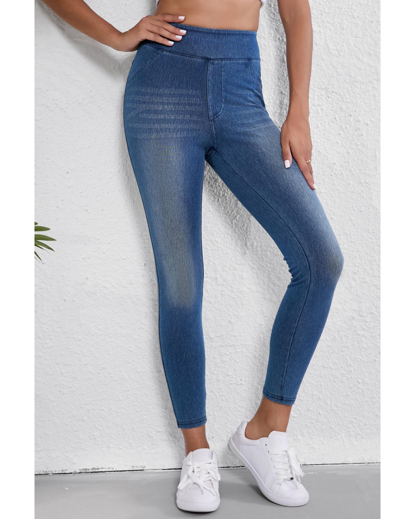 Navy Blue Skinny Elastic Waist Ankle Length Mid Waist Jeggings with Pockets - M 8