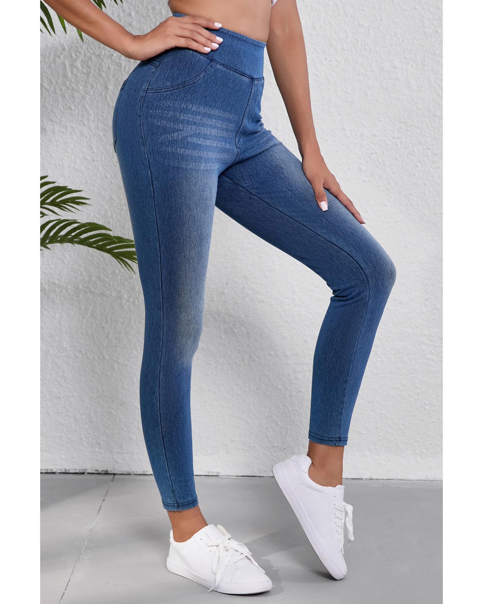 Navy Blue Skinny Elastic Waist Ankle Length Mid Waist Jeggings with Pockets - XL