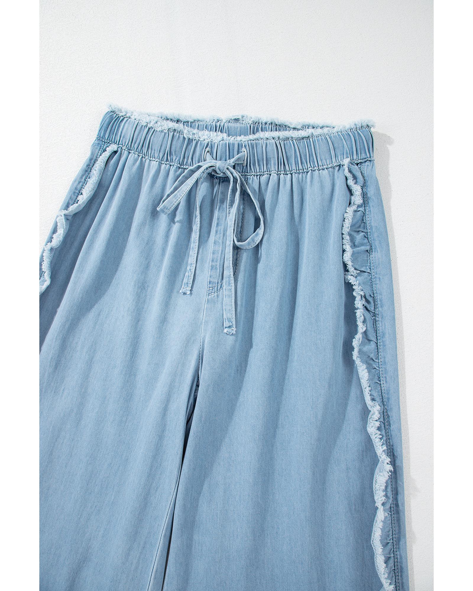 Myosotis Light Wash Raw Hem Ruffled Wide Leg Jeans - 4 US 5