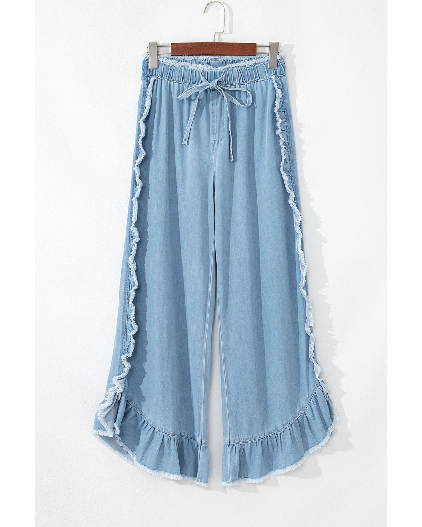 Myosotis Light Wash Raw Hem Ruffled Wide Leg Jeans - 6 US