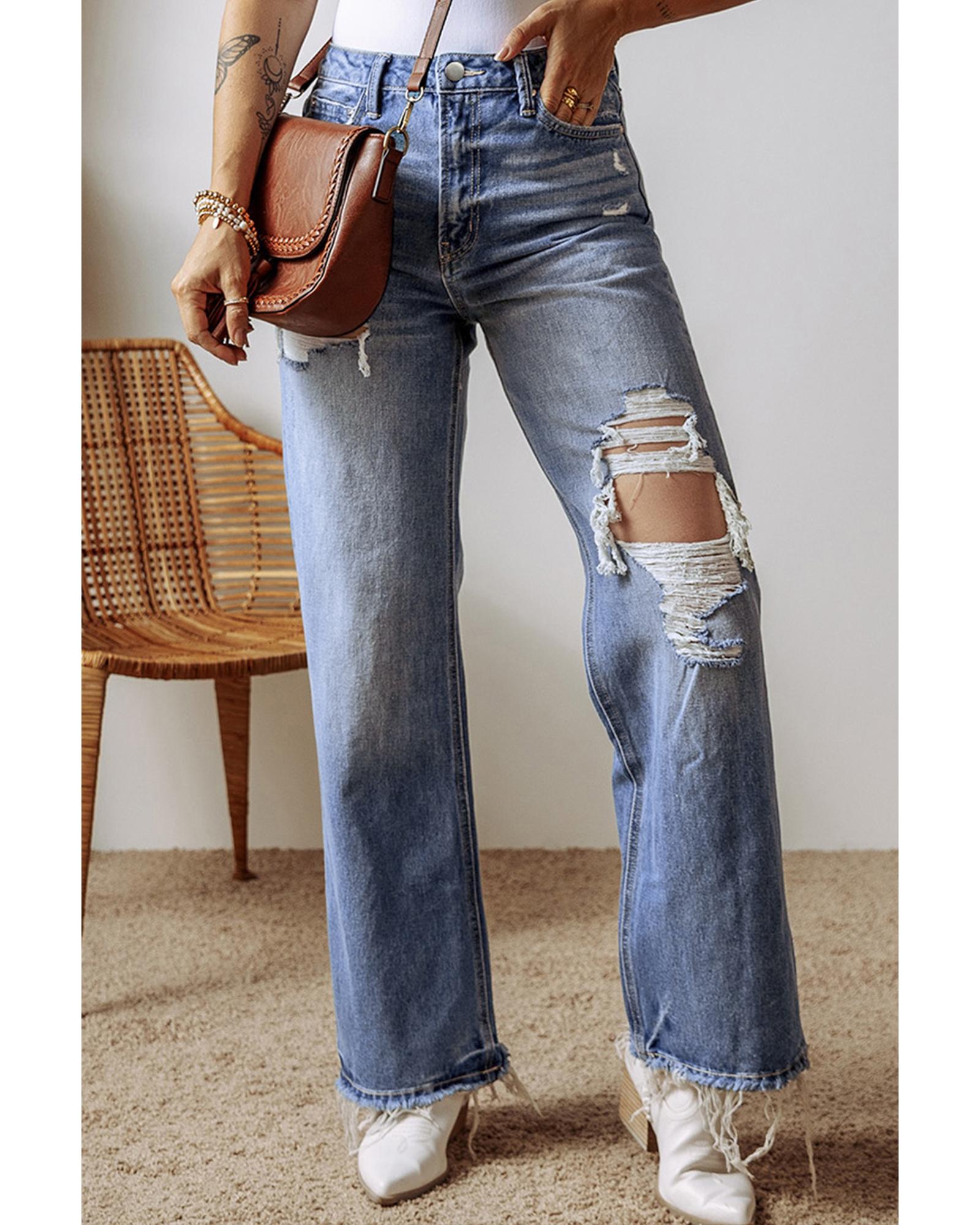 Ashleigh Blue Distressed Raw Hem Straight Leg High Waist Jeans - 12 US 3