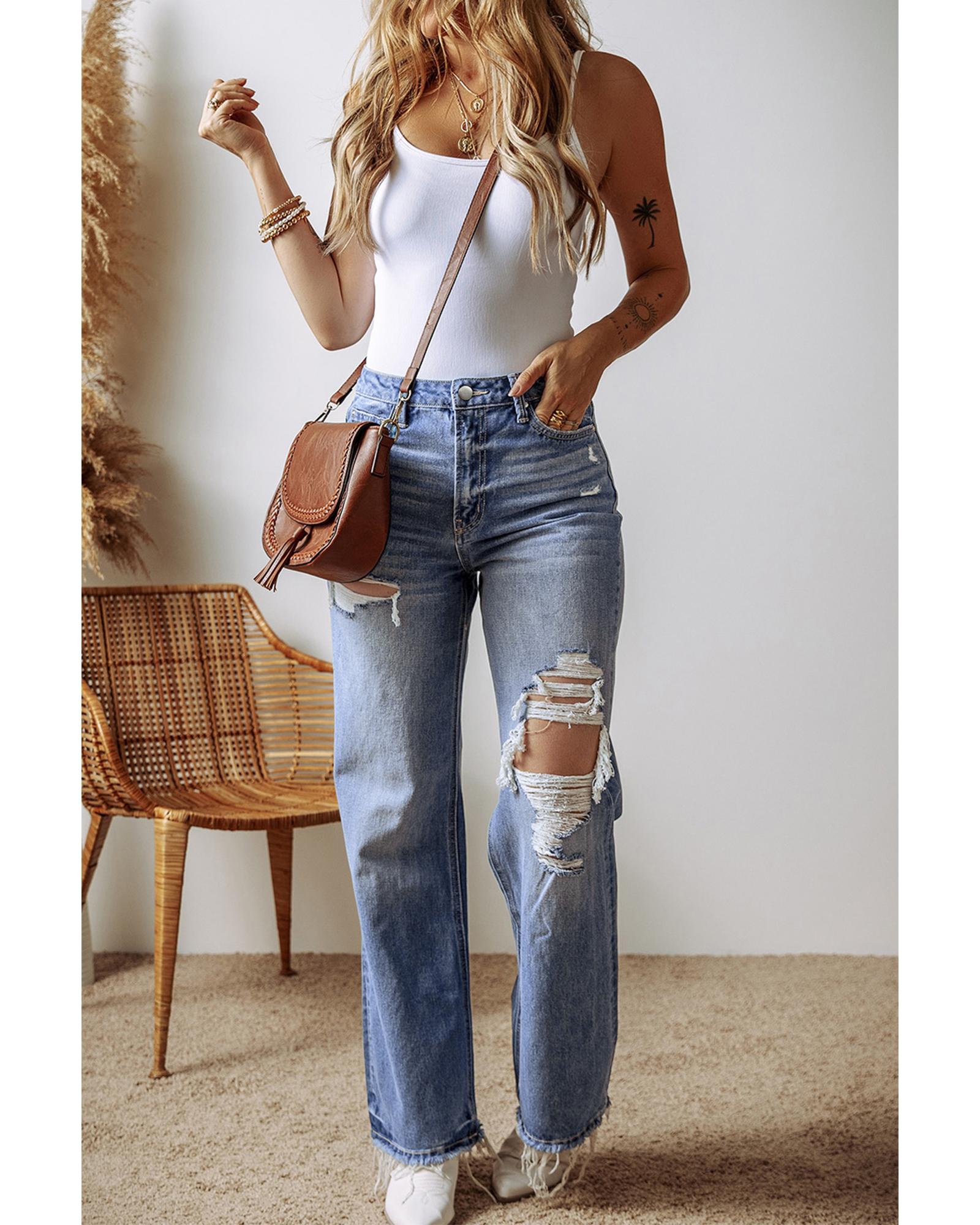 Ashleigh Blue Distressed Raw Hem Straight Leg High Waist Jeans - 12 US 5