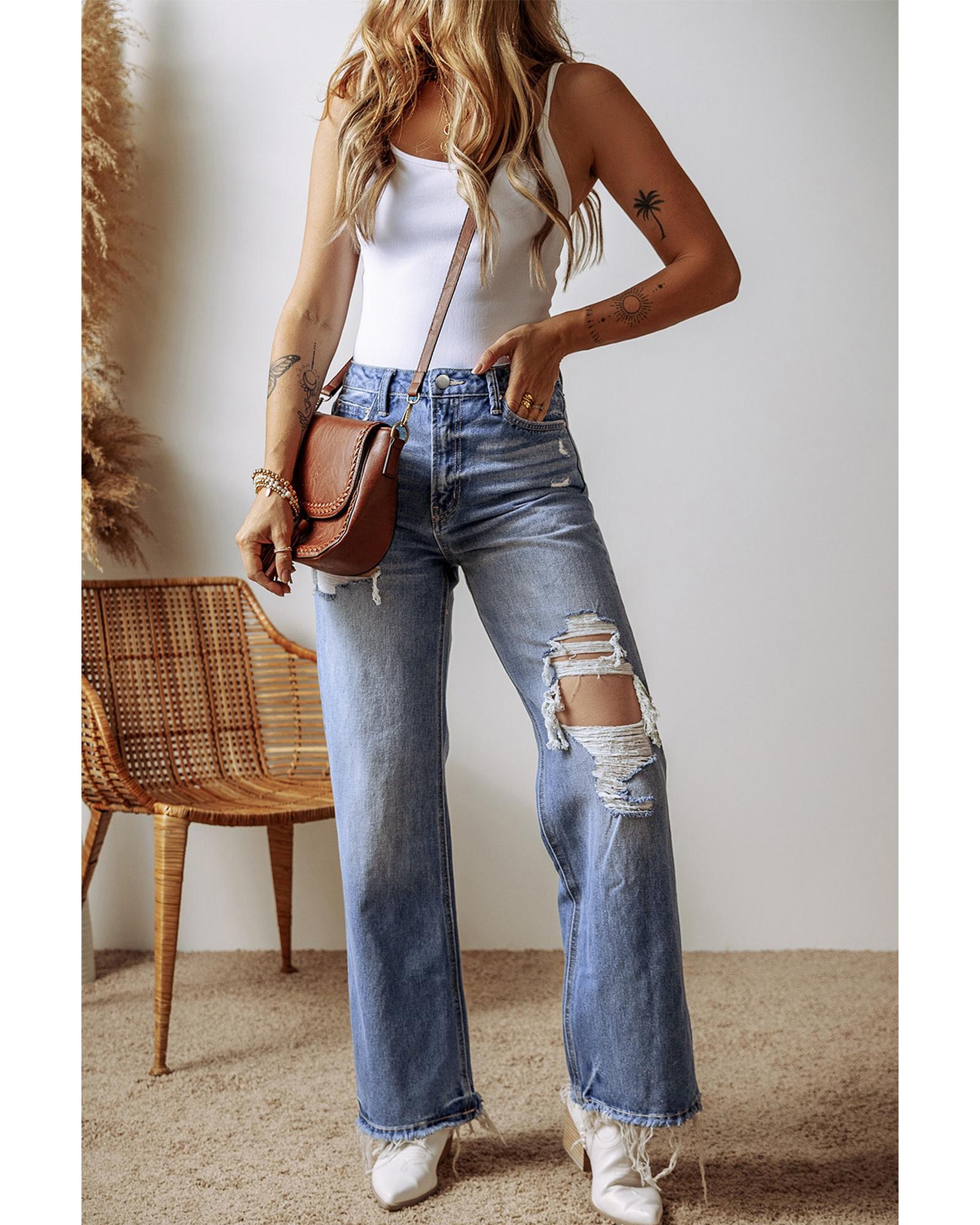 Ashleigh Blue Distressed Raw Hem Straight Leg High Waist Jeans - 14 US 3