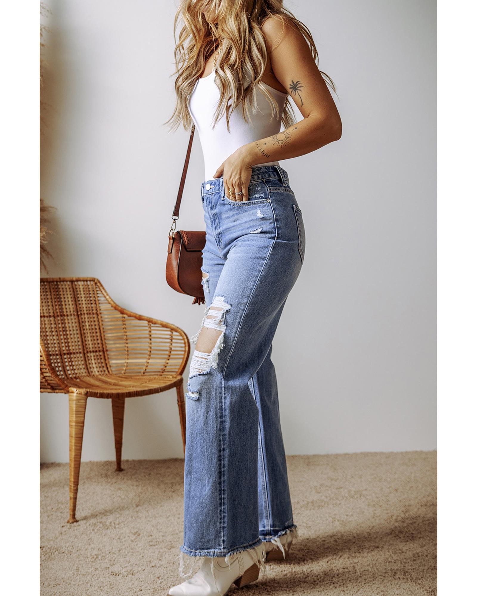 Ashleigh Blue Distressed Raw Hem Straight Leg High Waist Jeans - 14 US 4