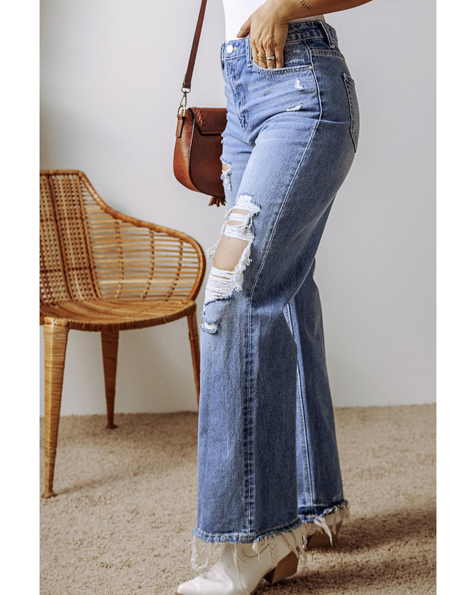 Ashleigh Blue Distressed Raw Hem Straight Leg High Waist Jeans - 14 US 6