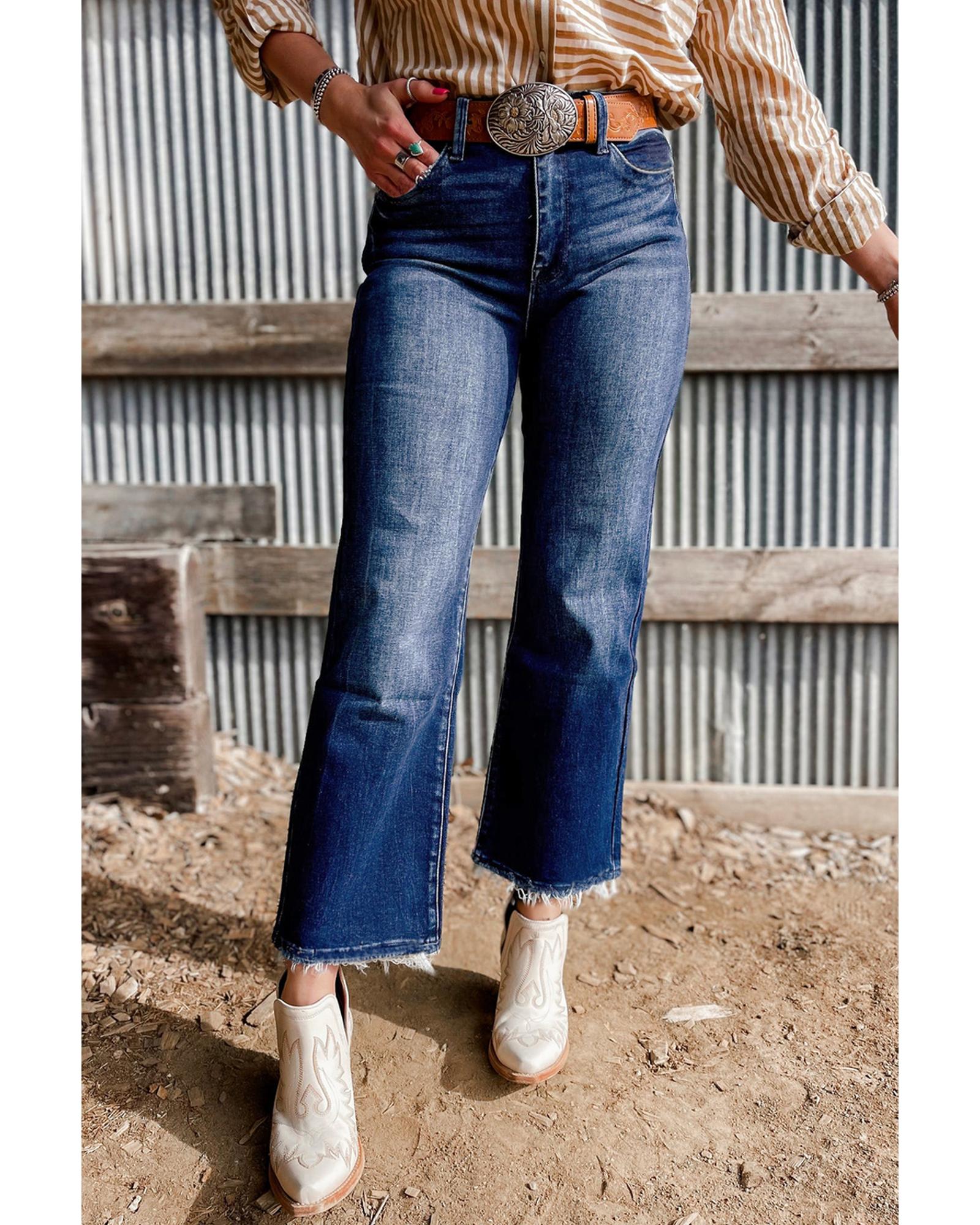 Sail Blue Mineral Wash Raw Hem High Waist Flared Jeans - 14 US