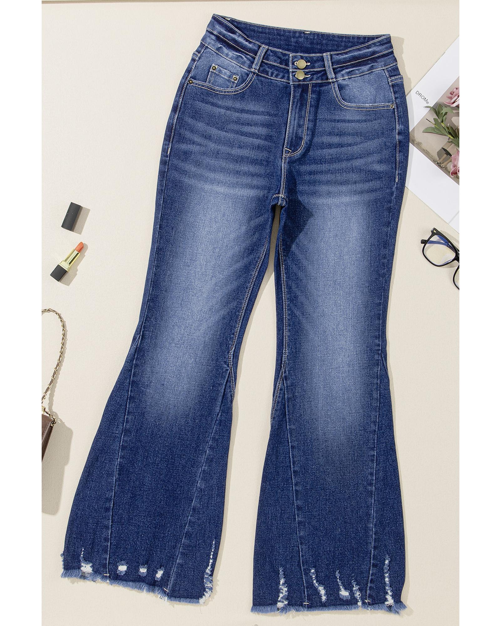 Sail Blue High Rise Dual Button Distressed Raw Hem Flared Jeans - 10 US