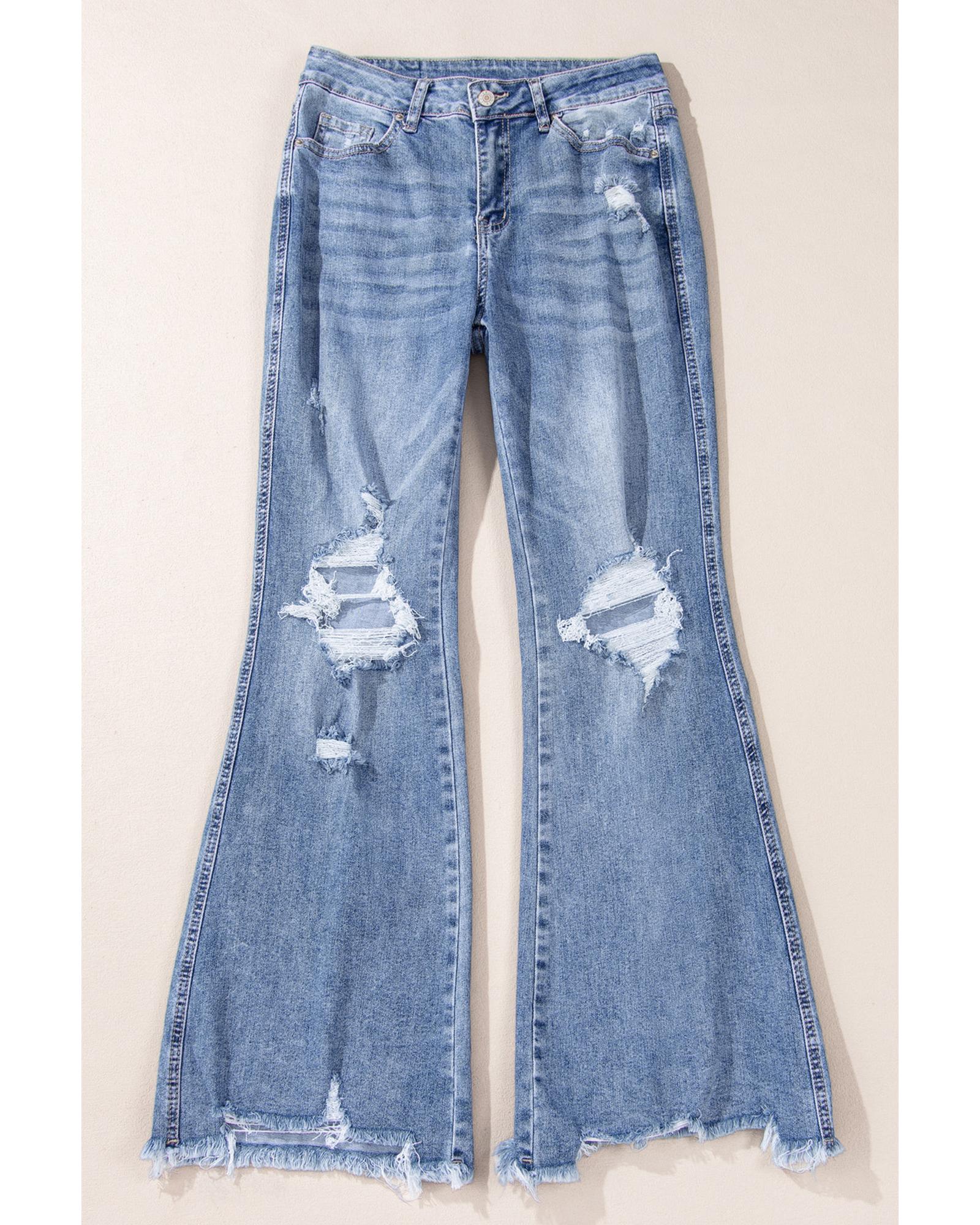 Dusk Blue High Rise Ripped Distressed Hem Flared Jeans - 16 US 4