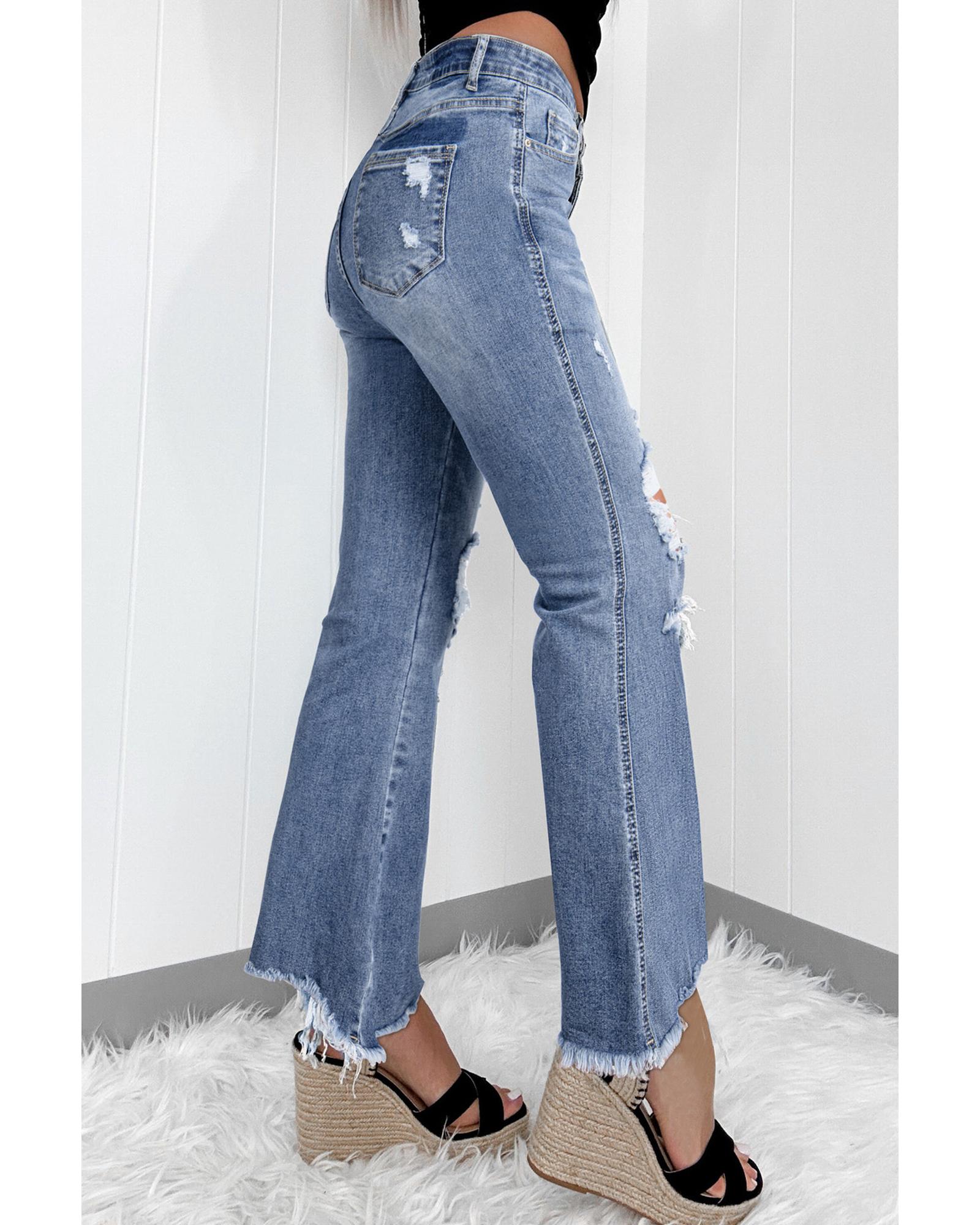 Dusk Blue High Rise Ripped Distressed Hem Flared Jeans - 4 US 5