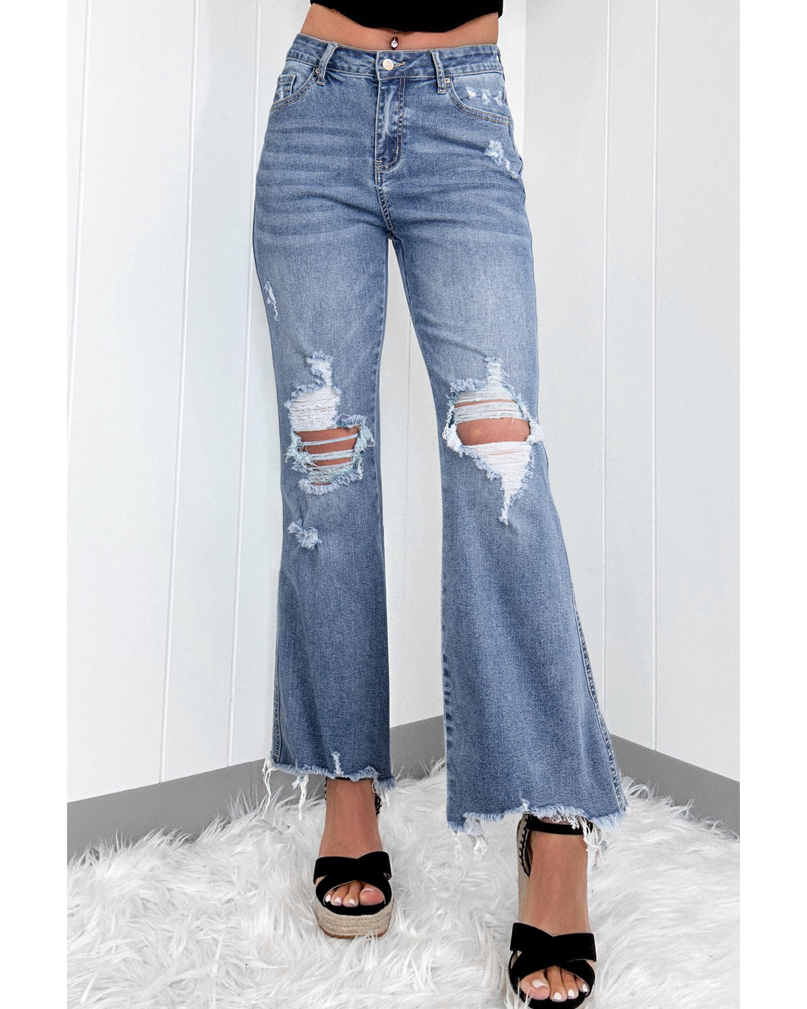 Dusk Blue High Rise Ripped Distressed Hem Flared Jeans - 8 US 8