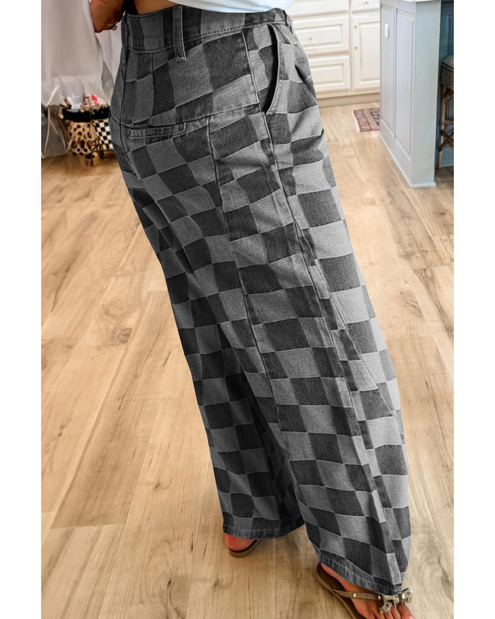 Dark Grey Checkered Denim Wide Leg Jeans - 10 US 8