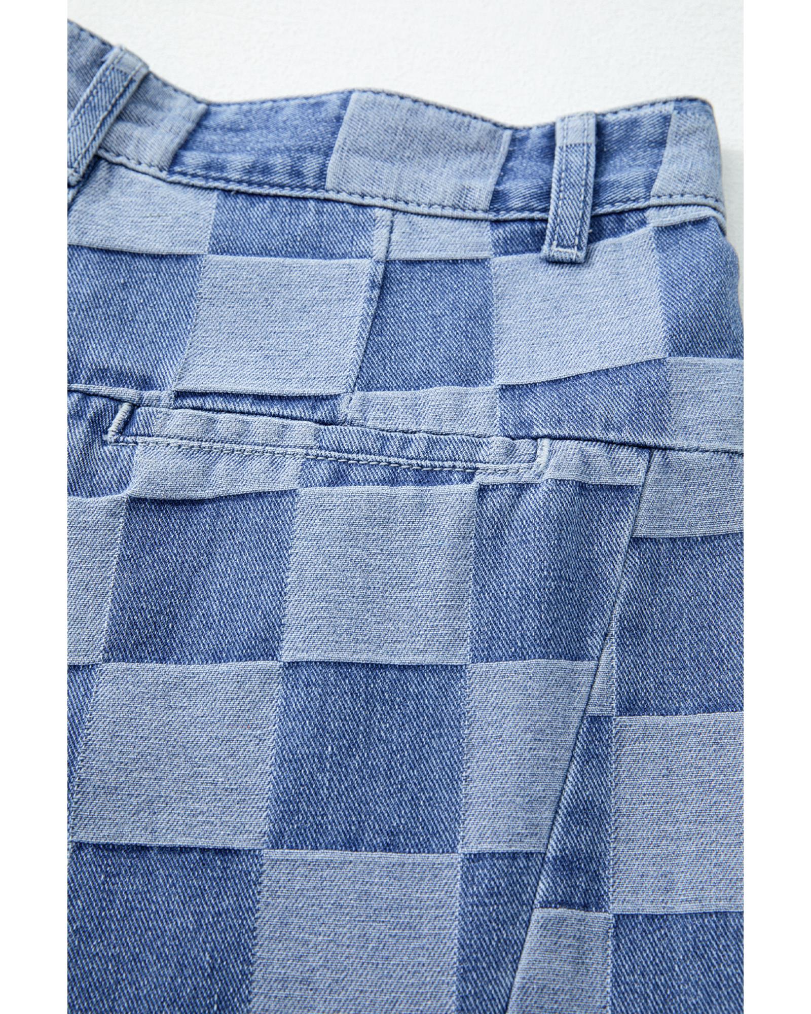 Dusk Blue Checkered Denim Wide Leg Jeans - 12 US