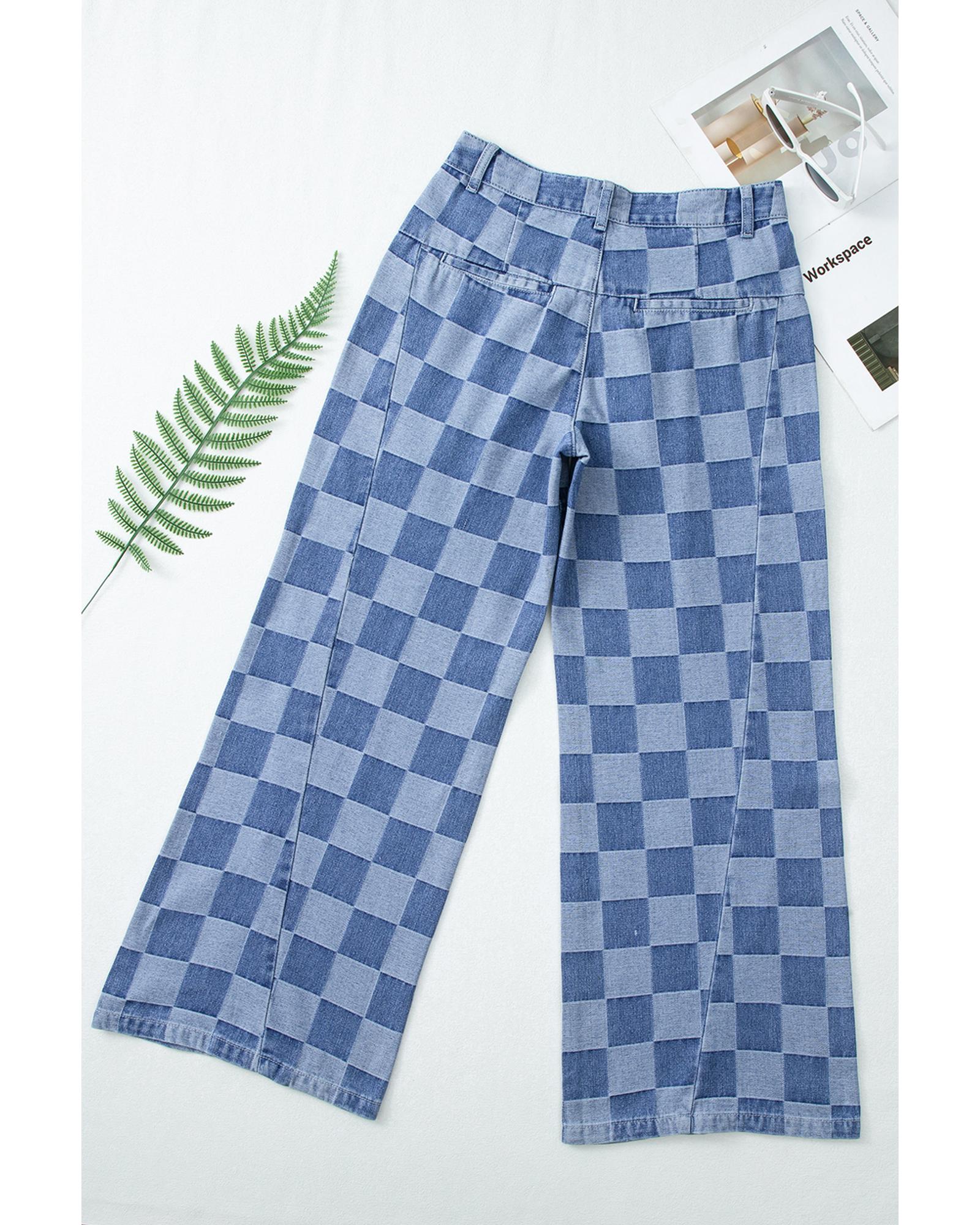 Dusk Blue Checkered Denim Wide Leg Jeans - 12 US 8