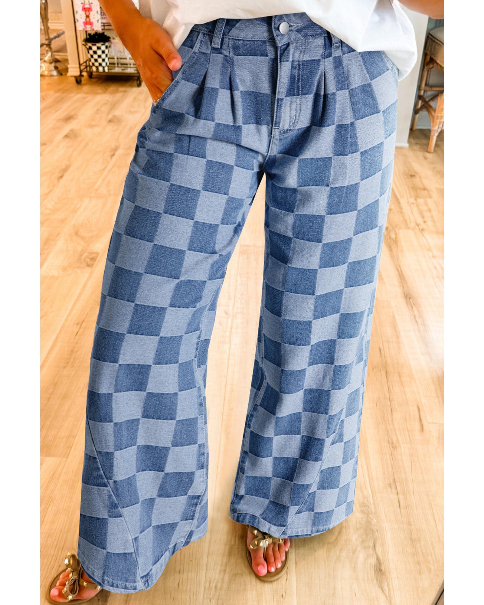 Dusk Blue Checkered Denim Wide Leg Jeans - 8 US 5
