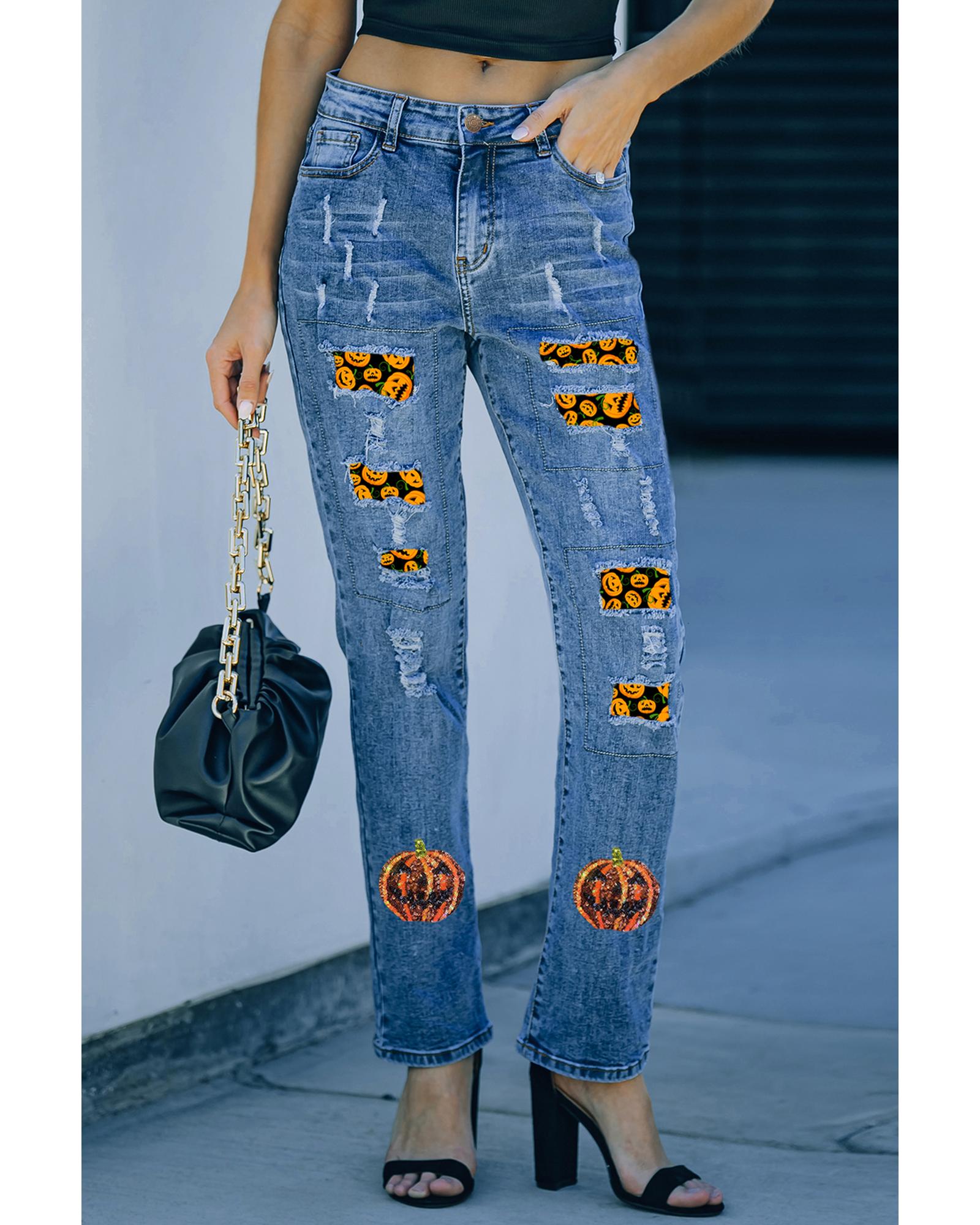 Sky Blue Halloween Pumpkin Patchwork Distressed Straight Leg Jeans - 8 US 3