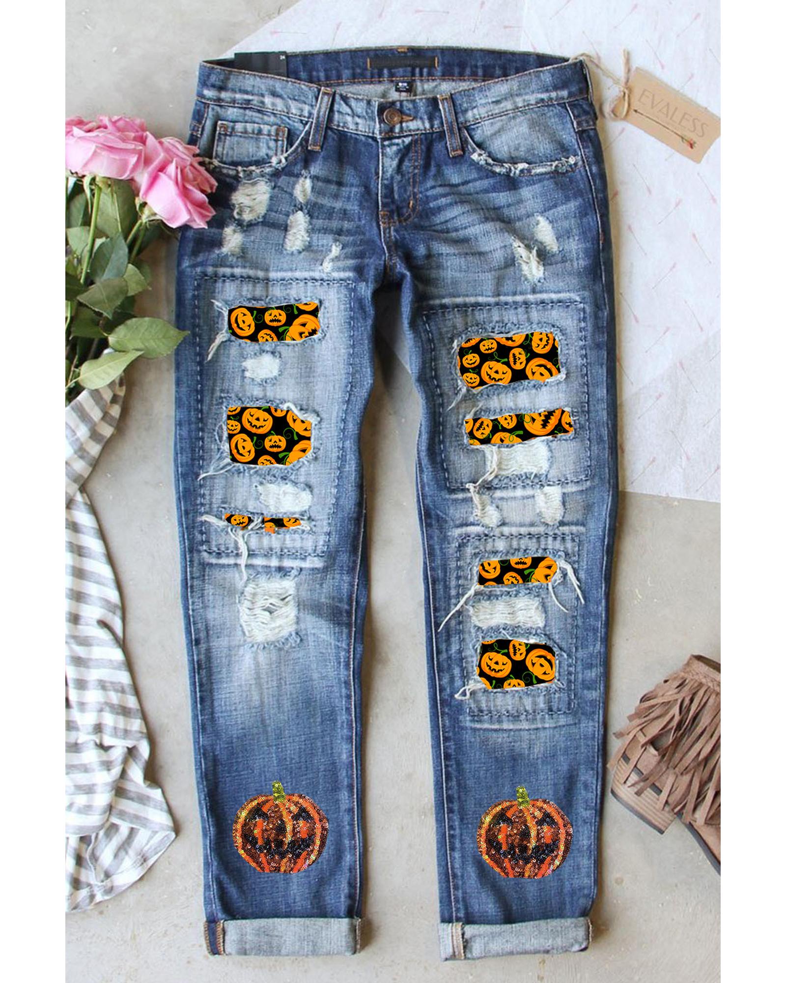 Sky Blue Halloween Pumpkin Patchwork Distressed Straight Leg Jeans - 8 US 4