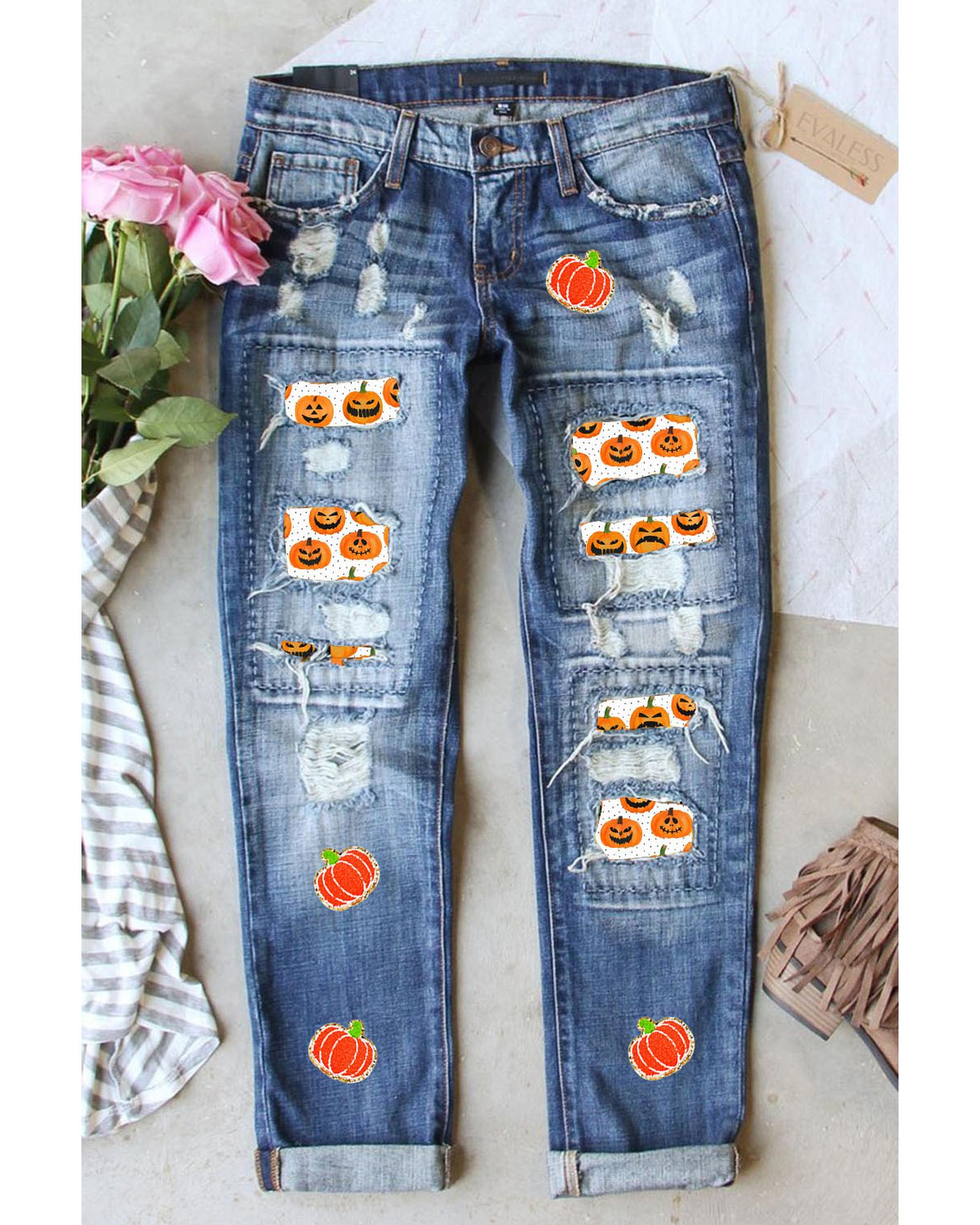 Sky Blue Ripped Pumpkin Patchwork Halloween Straight Jeans - 8 US 4