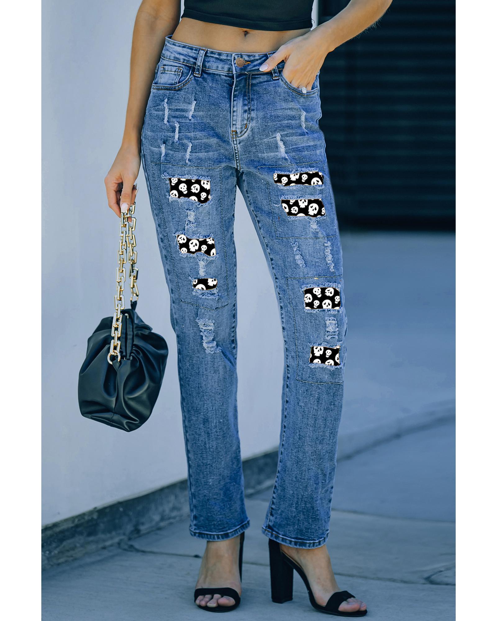 Sky Blue Halloween Skull Patchwork Distressed Straight Jeans - 8 US 3