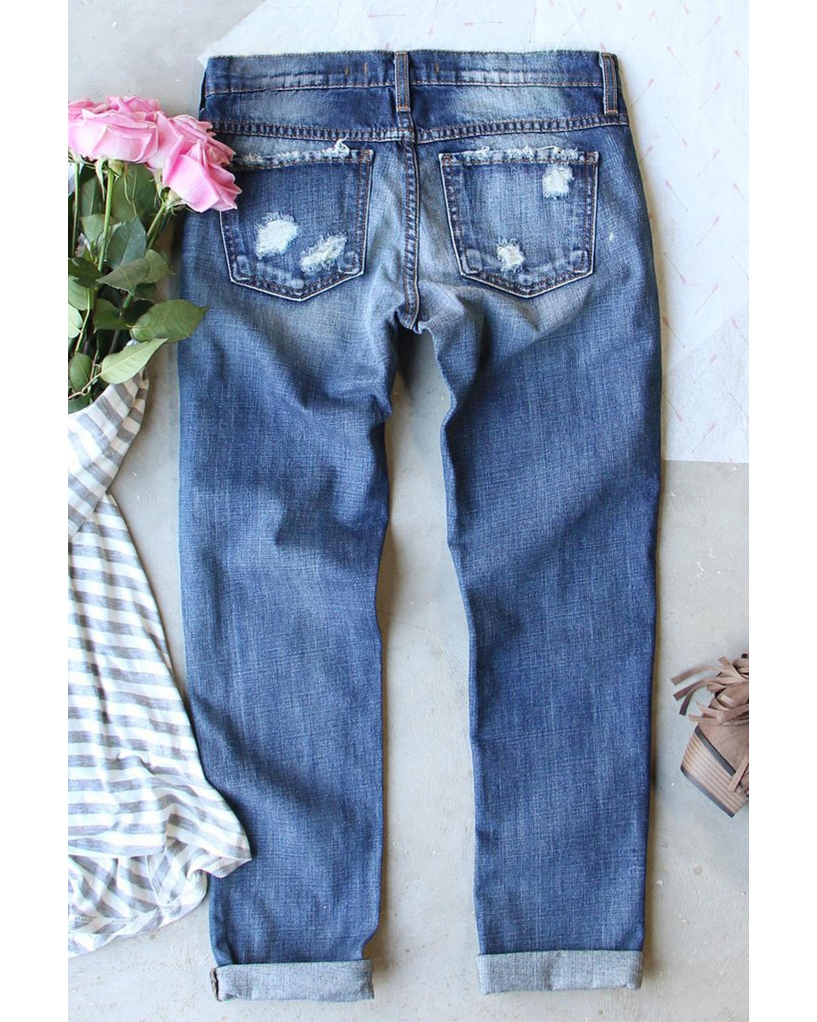 Sky Blue Halloween Skull Patchwork Distressed Straight Jeans - 8 US 4