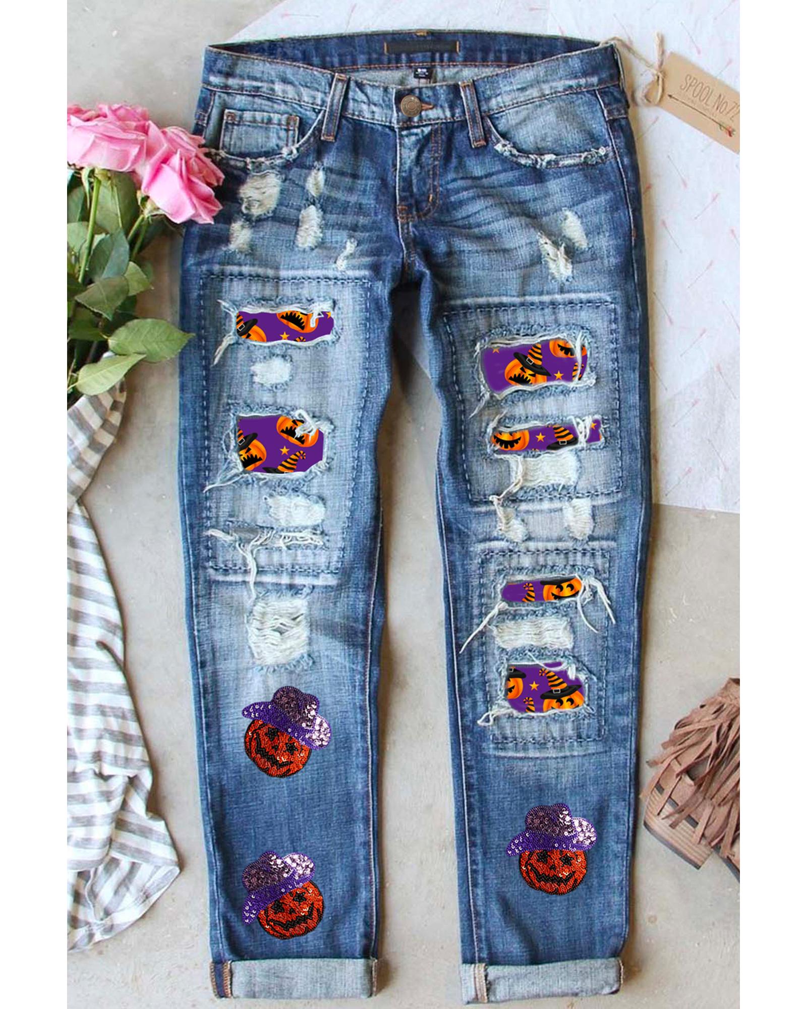 Sky Blue Sequin Pumpkin Patched Distressed Straight Leg Jeans - 8 US 3