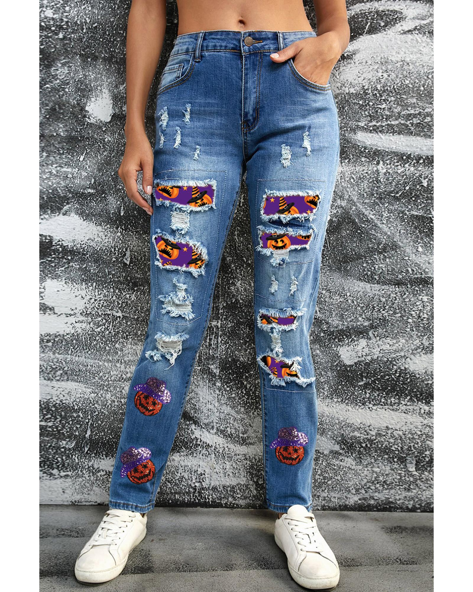 Sky Blue Sequin Pumpkin Patched Distressed Straight Leg Jeans - 8 US 4