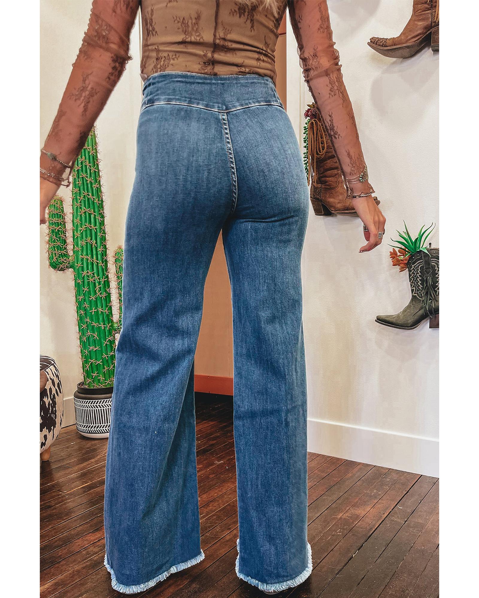 Sail Blue High Waist Button Fly Seamed Raw Hem Flare Jeans - 6 US