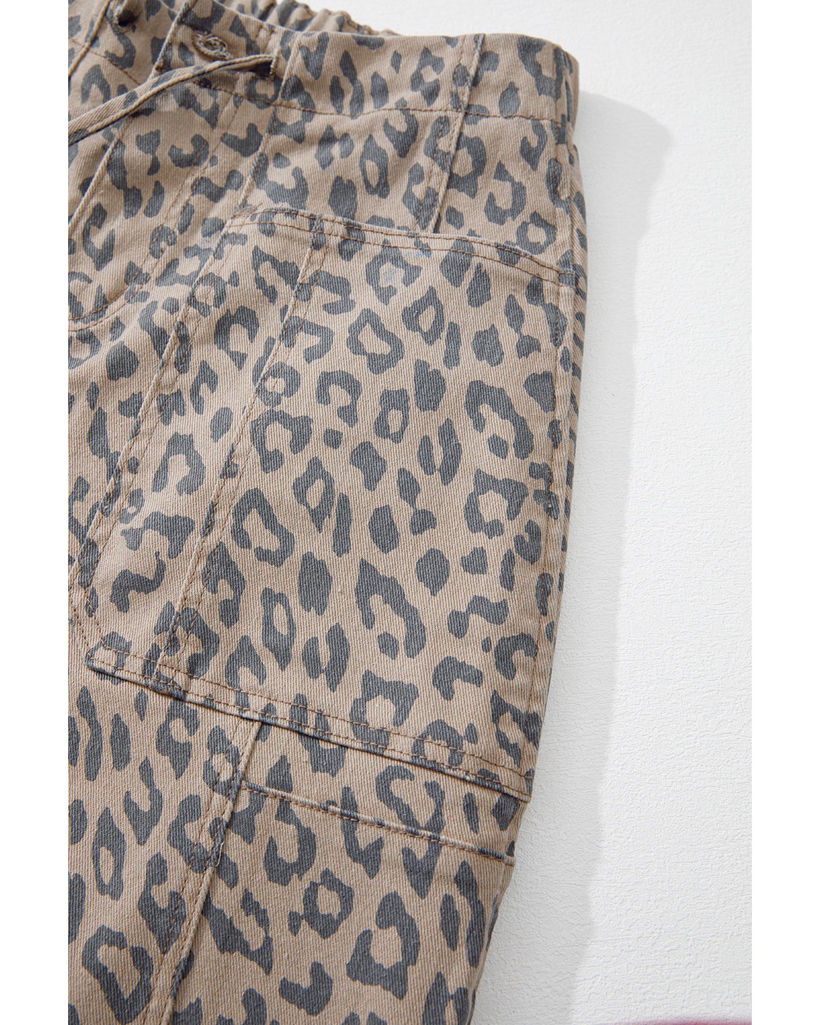 Azura Exchange Khaki Leopard Printed Drawstring Waist Pocketed Wide Leg Jeans - 12 US