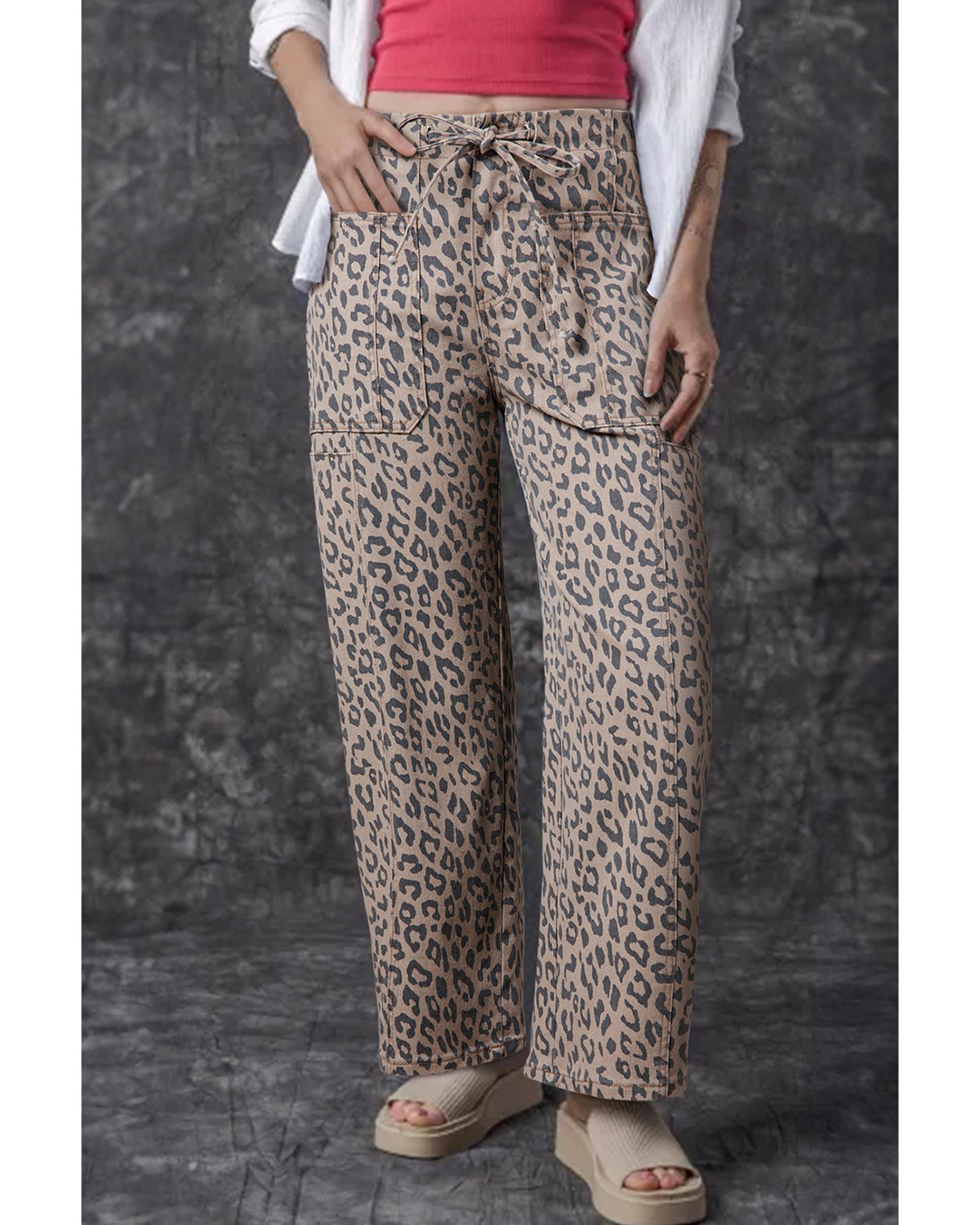 Azura Exchange Khaki Leopard Printed Drawstring Waist Pocketed Wide Leg Jeans - 6 US