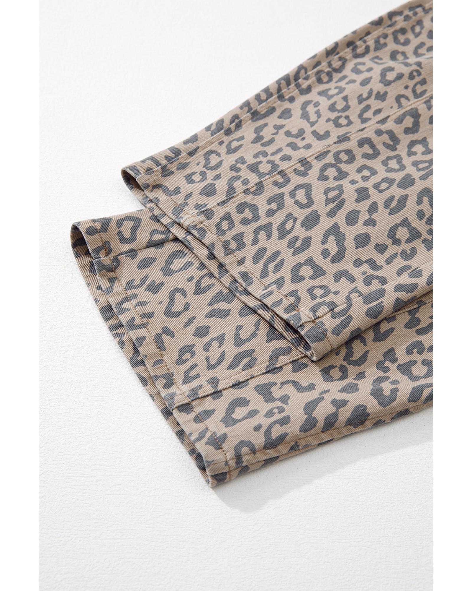 Azura Exchange Khaki Leopard Printed Drawstring Waist Pocketed Wide Leg Jeans - 6 US 3