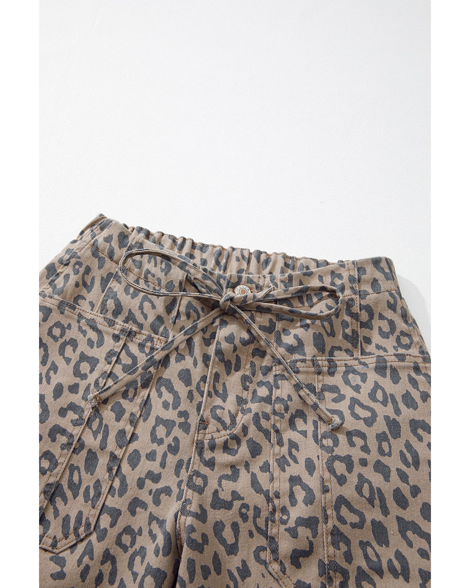 Azura Exchange Khaki Leopard Printed Drawstring Waist Pocketed Wide Leg Jeans - 6 US 4