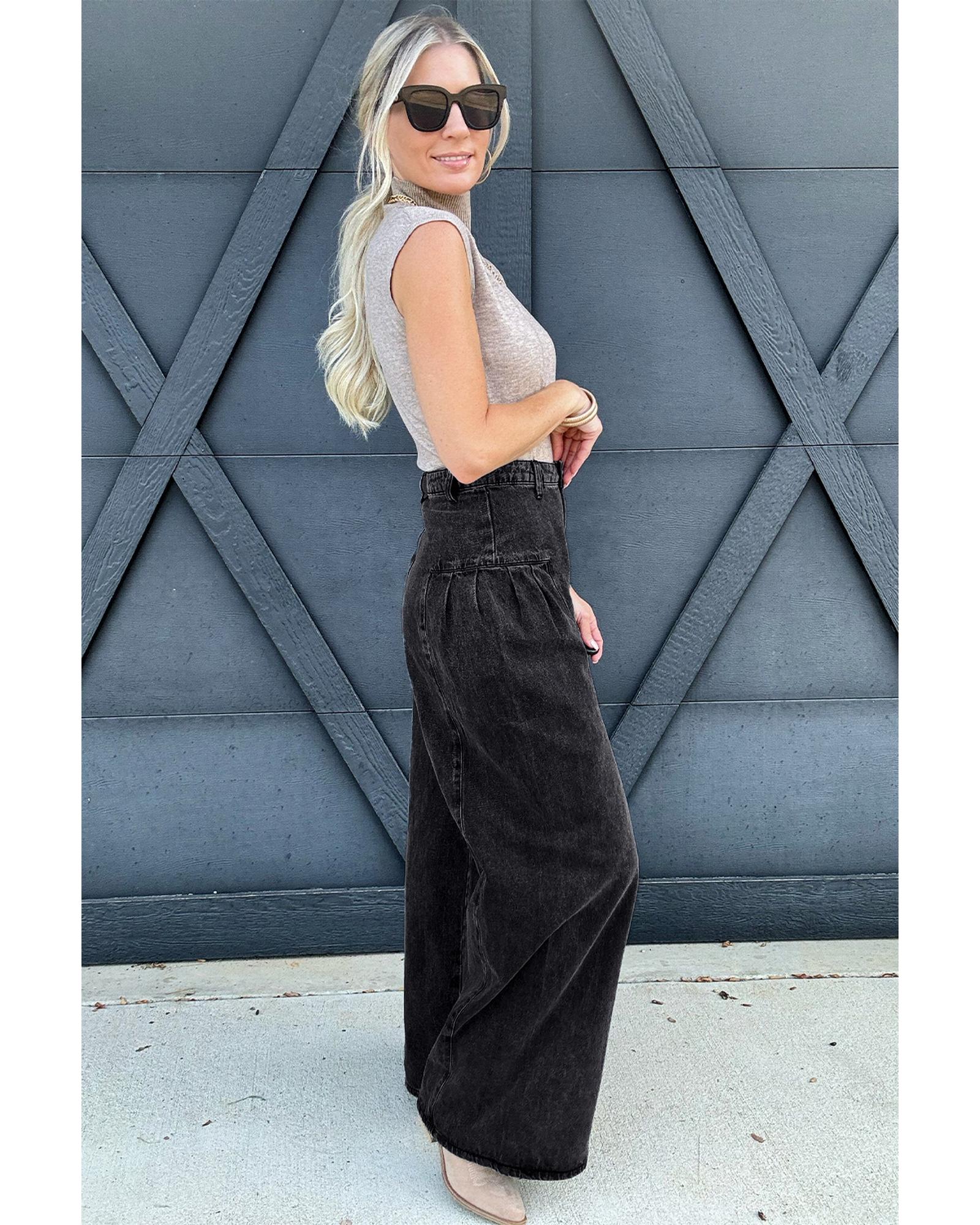 Dark Grey Pleated Wide Leg Mineral Wash Denim Pants - 10 US