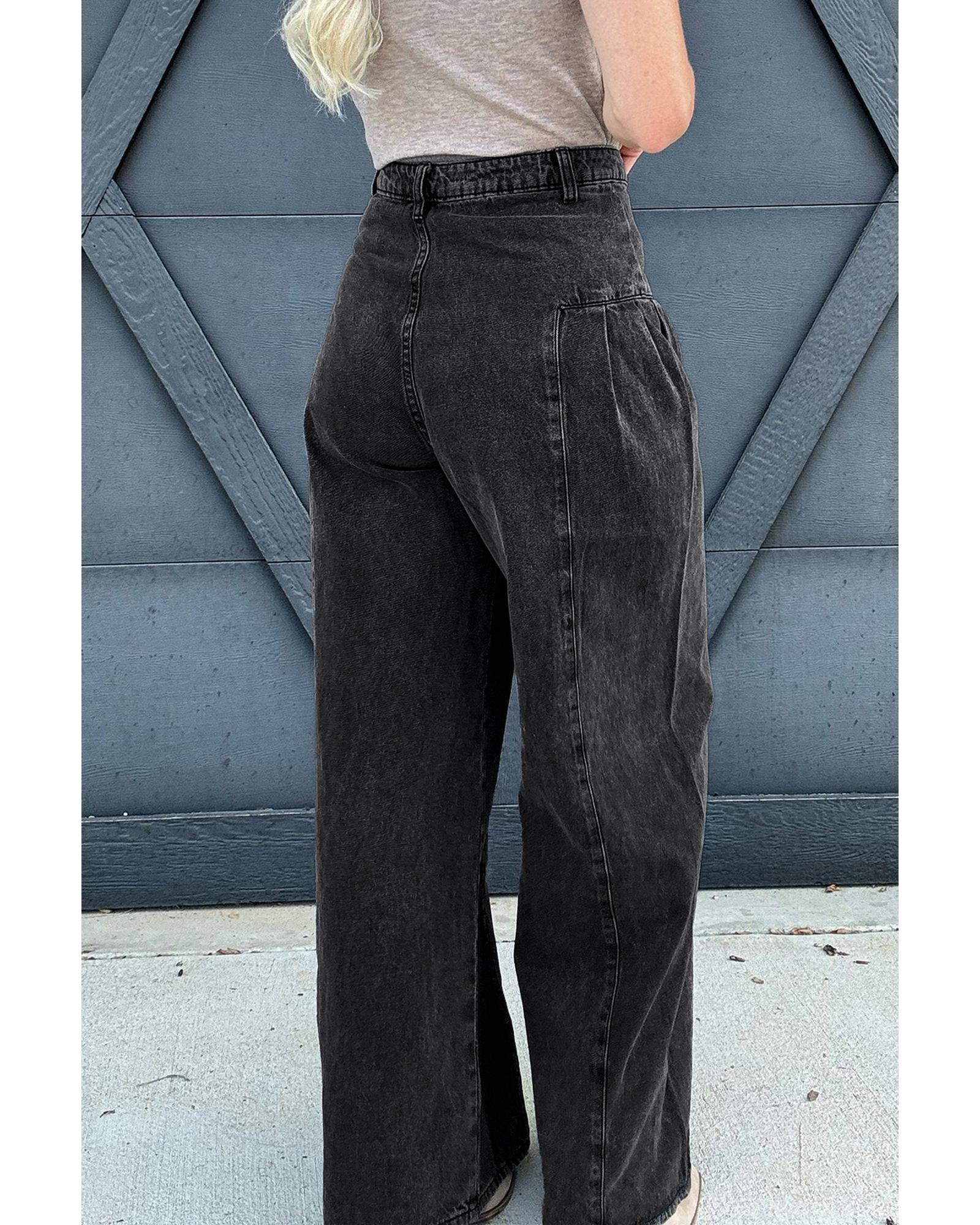 Dark Grey Pleated Wide Leg Mineral Wash Denim Pants - 10 US 3