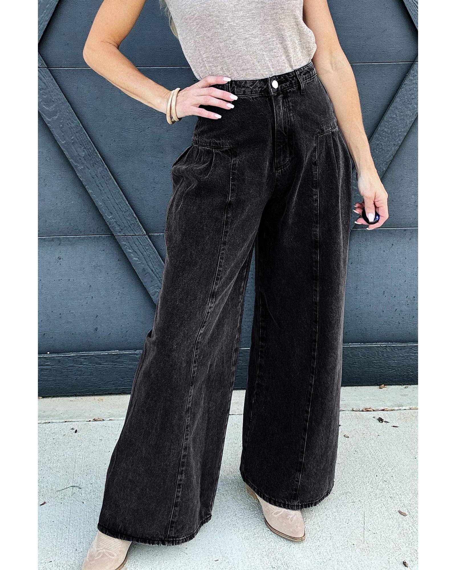 Dark Grey Pleated Wide Leg Mineral Wash Denim Pants - 10 US 4