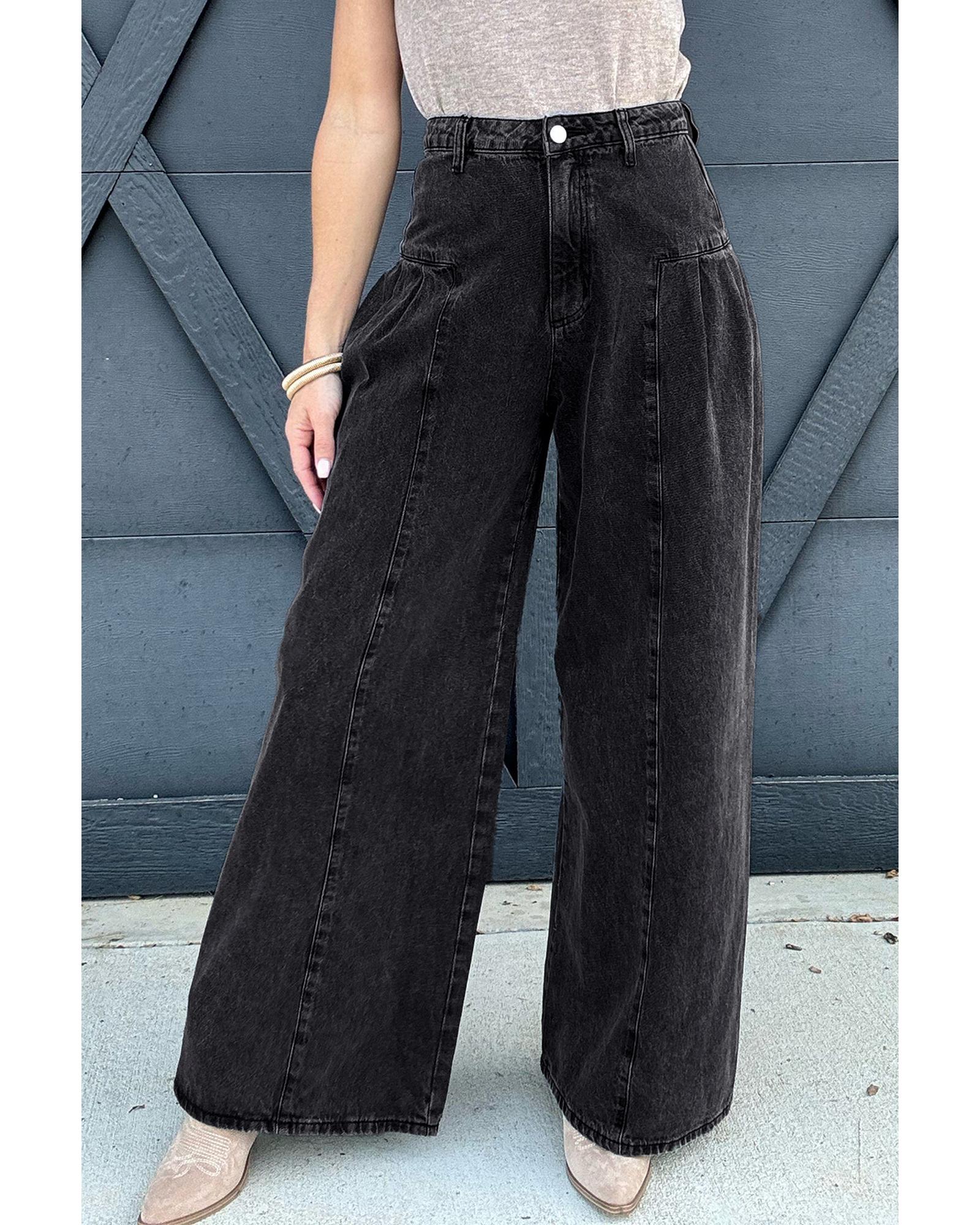 Dark Grey Pleated Wide Leg Mineral Wash Denim Pants - 10 US 6