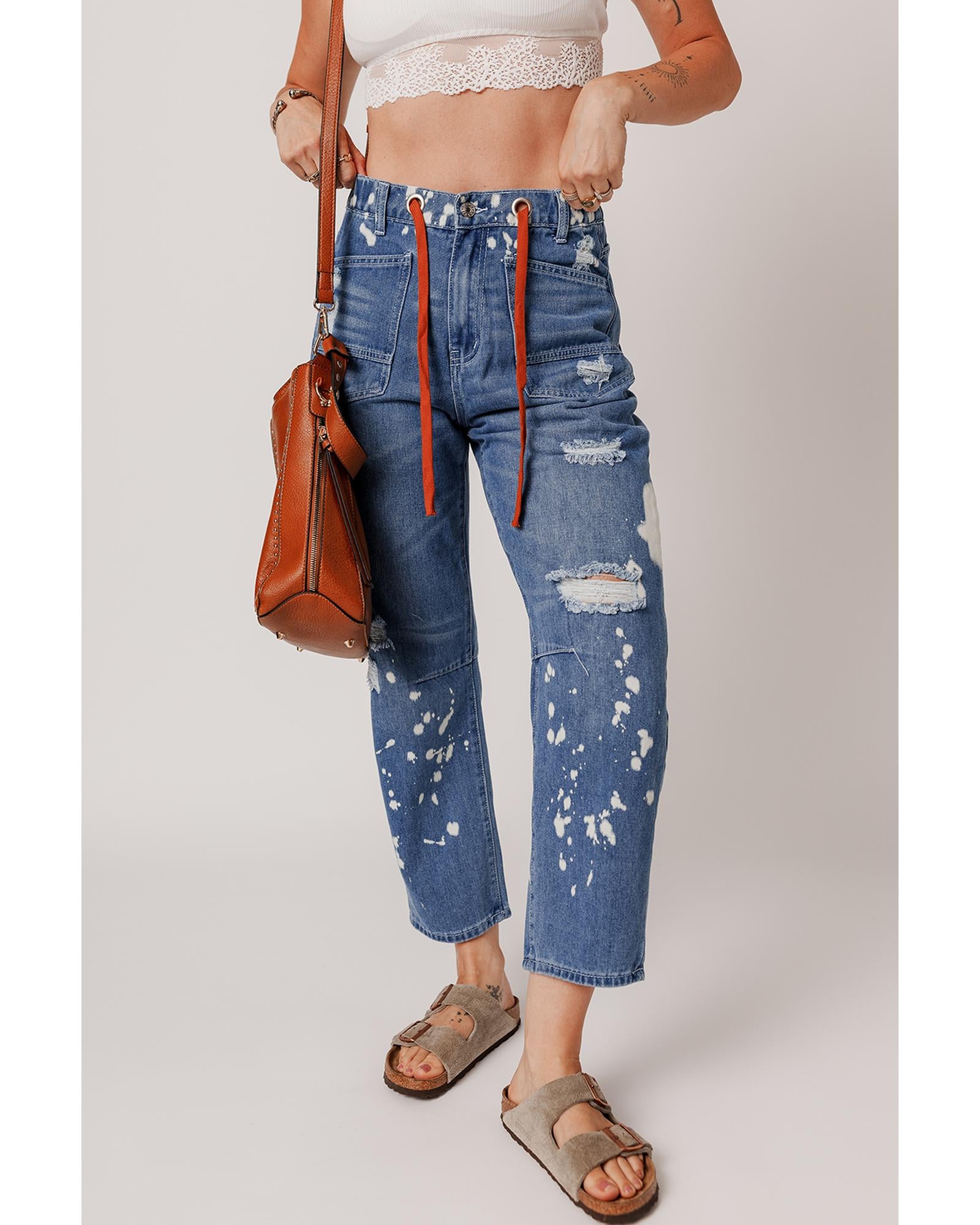 Ashleigh Blue Ripped Splattering Paint Rope Waist Cropped Straight Jeans - 12 US 3