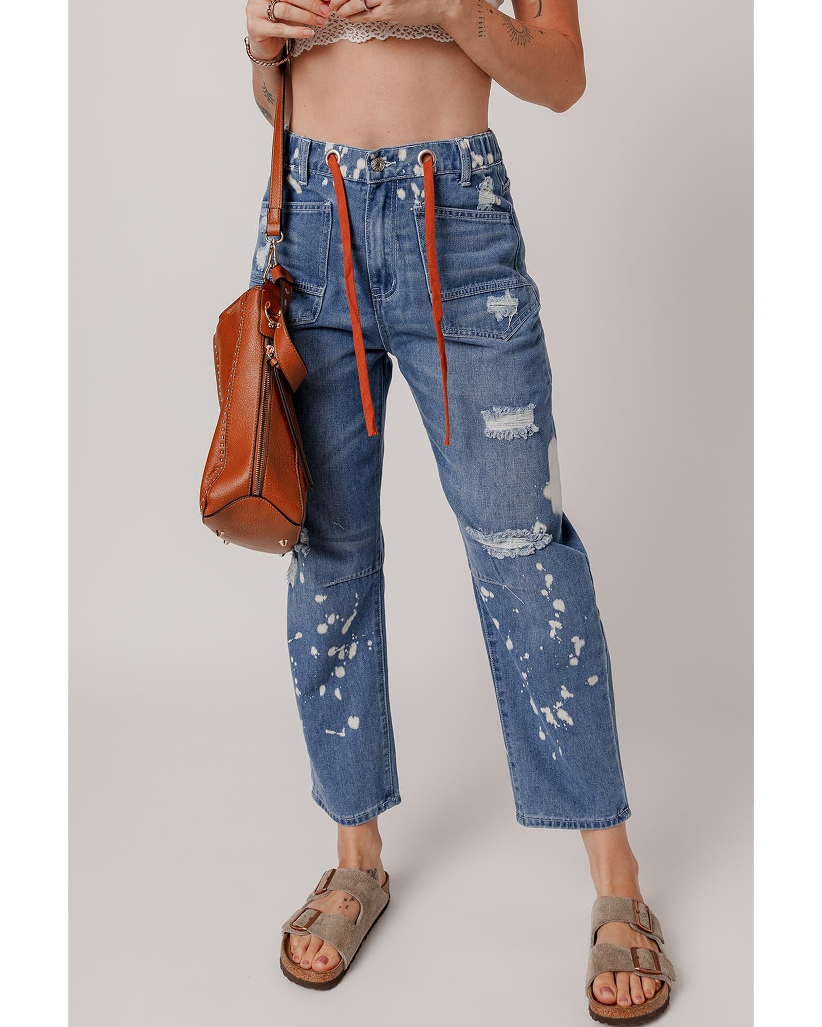 Ashleigh Blue Ripped Splattering Paint Rope Waist Cropped Straight Jeans - 12 US 6