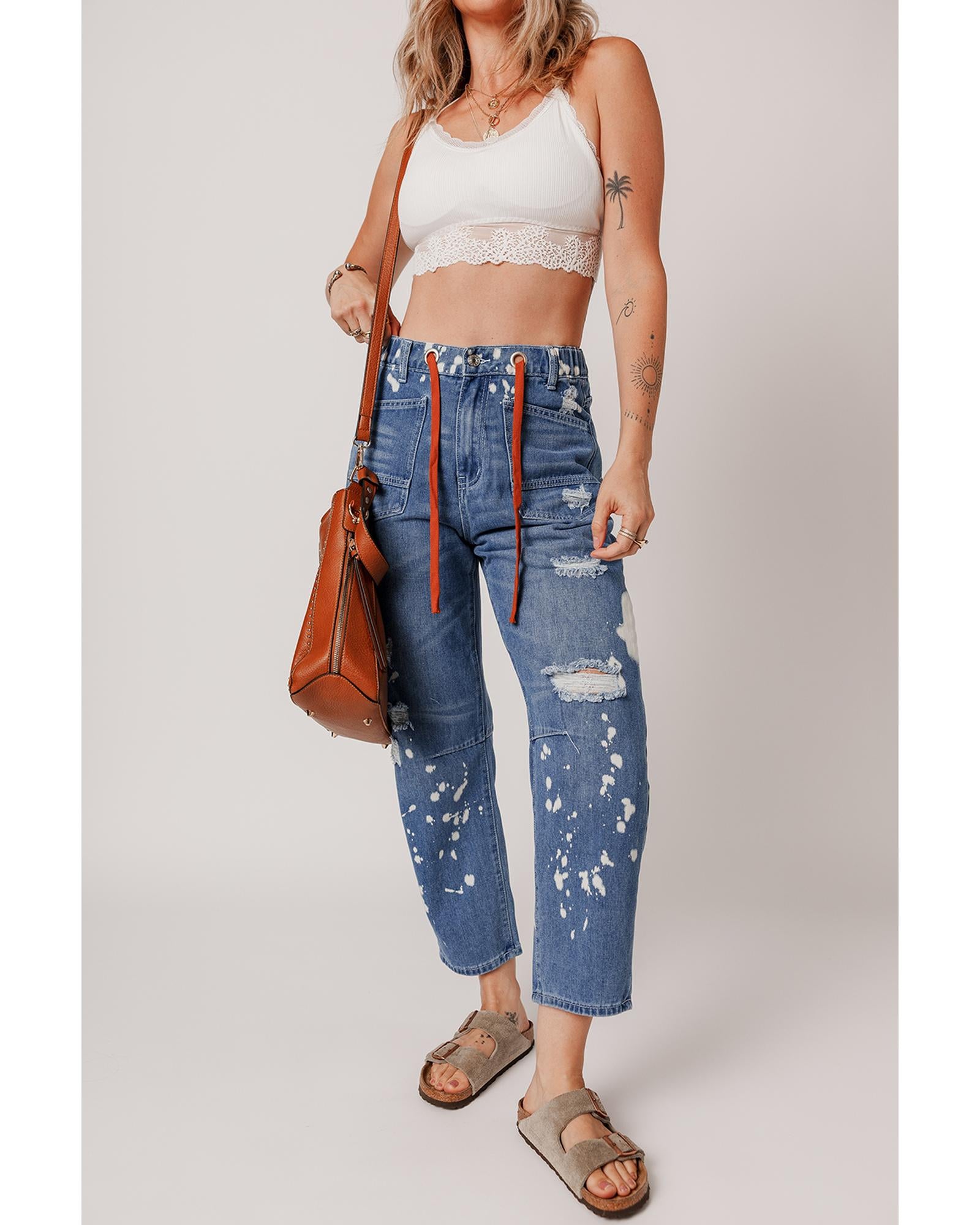 Ashleigh Blue Ripped Splattering Paint Rope Waist Cropped Straight Jeans - 14 US 5