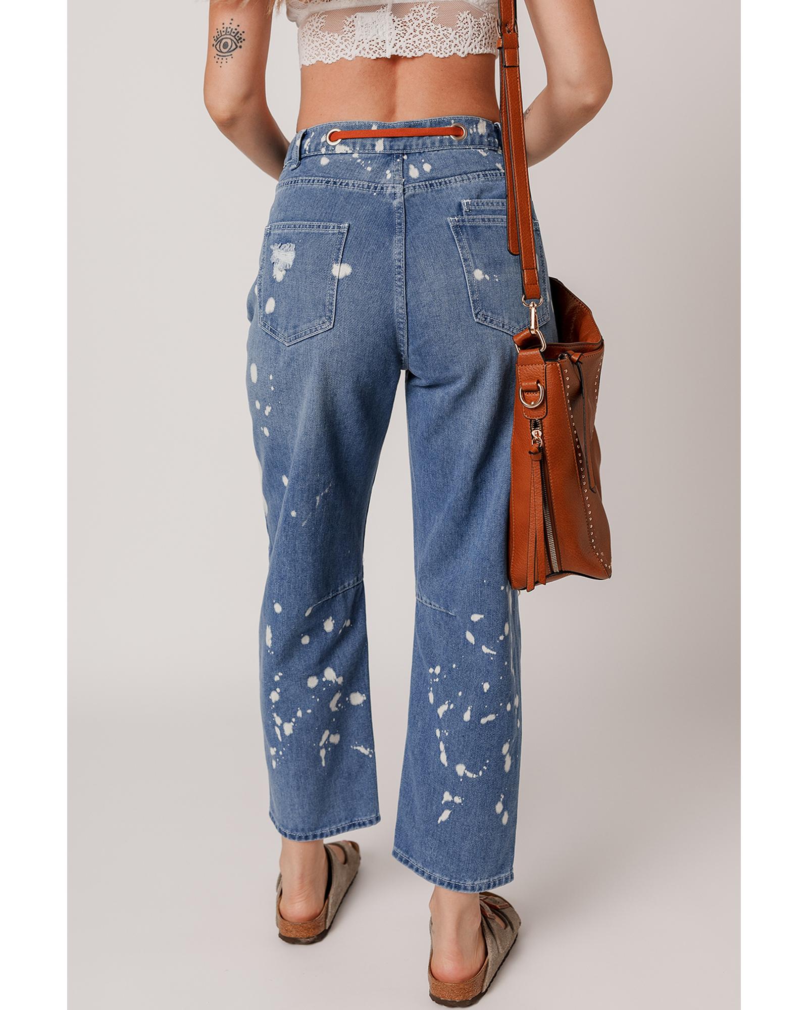 Ashleigh Blue Ripped Splattering Paint Rope Waist Cropped Straight Jeans - 4 US 4