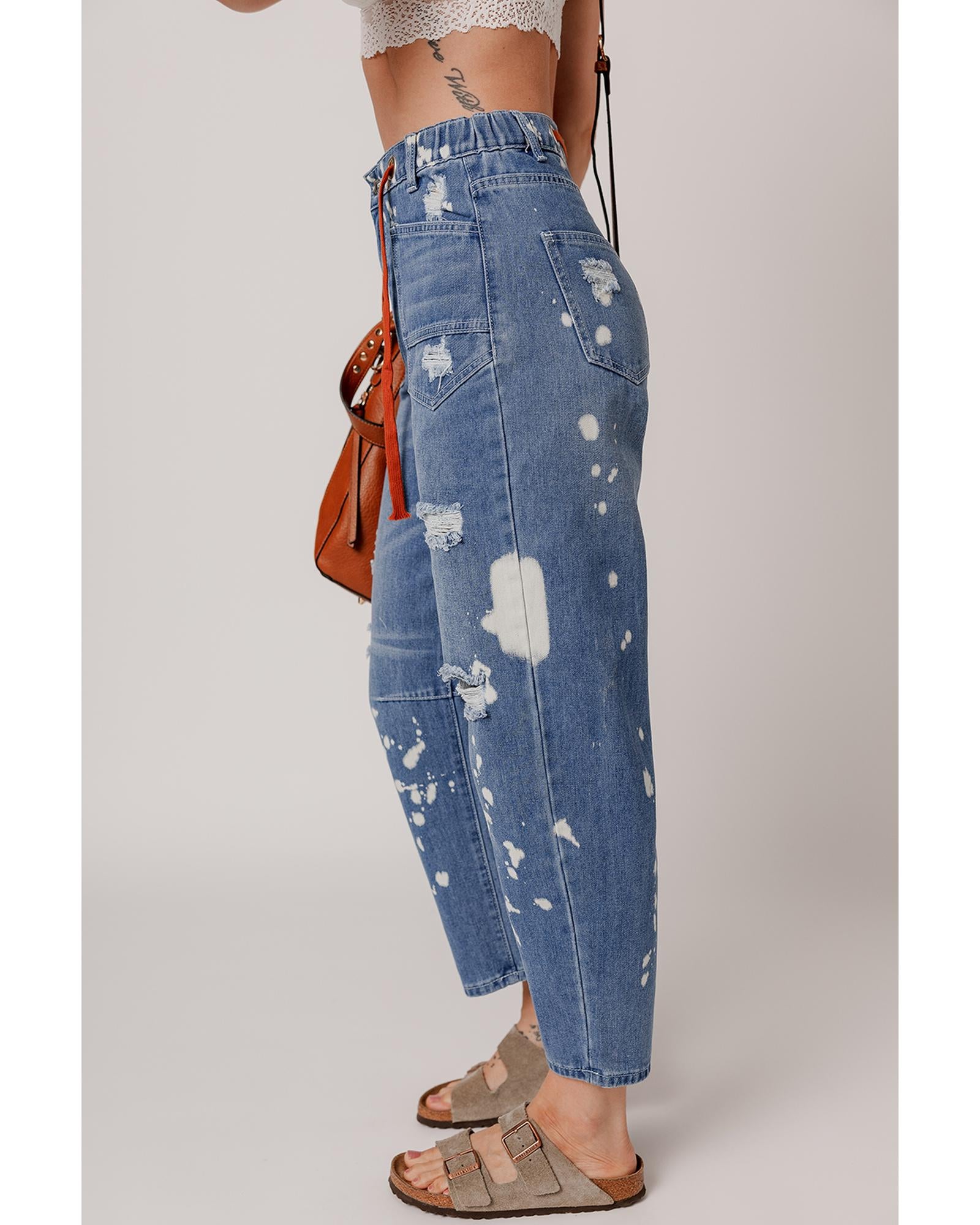 Ashleigh Blue Ripped Splattering Paint Rope Waist Cropped Straight Jeans - 6 US