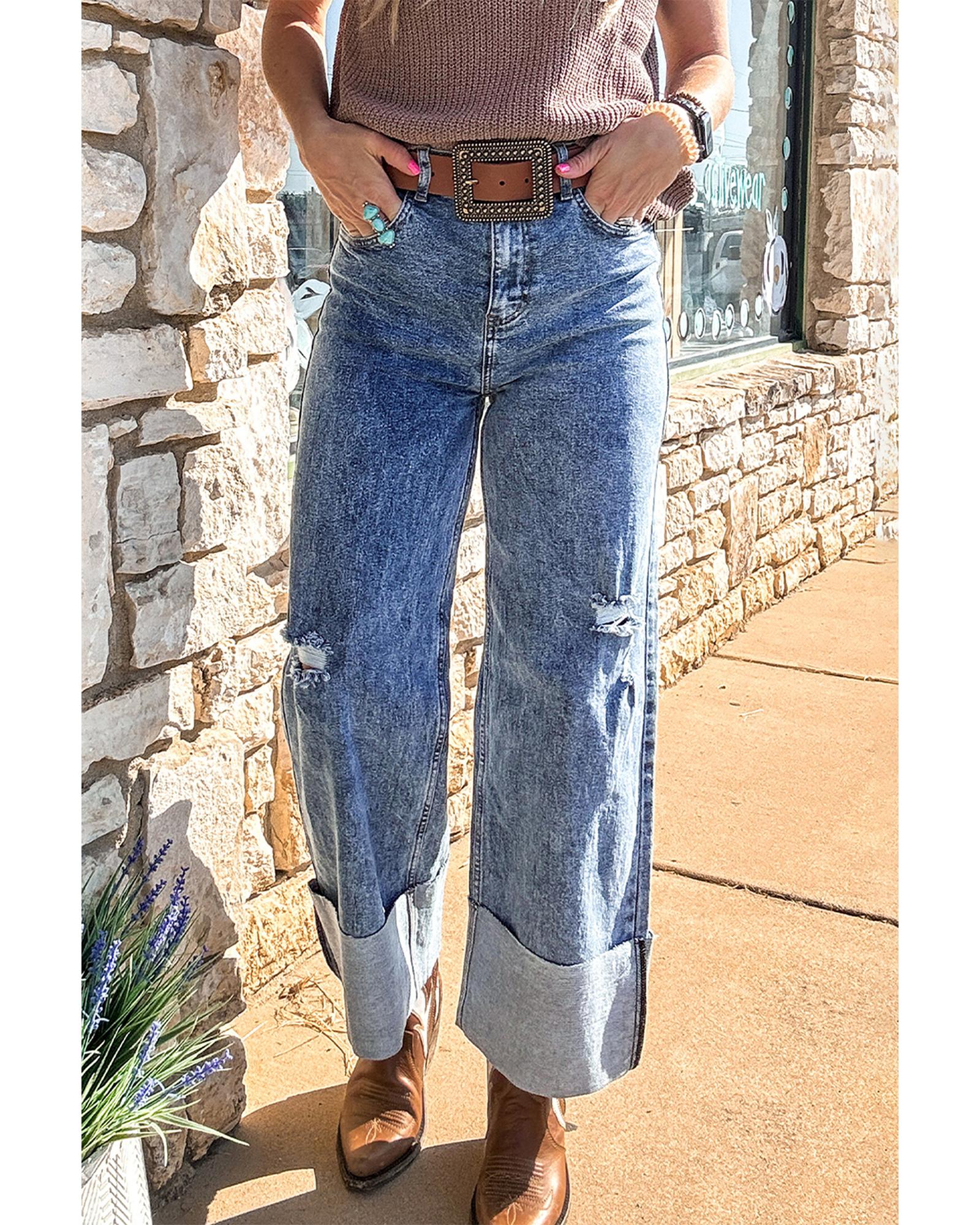 Ashleigh Blue Mineral Wash Bottom Cuff Distressed Wide Leg Jeans - 14 US